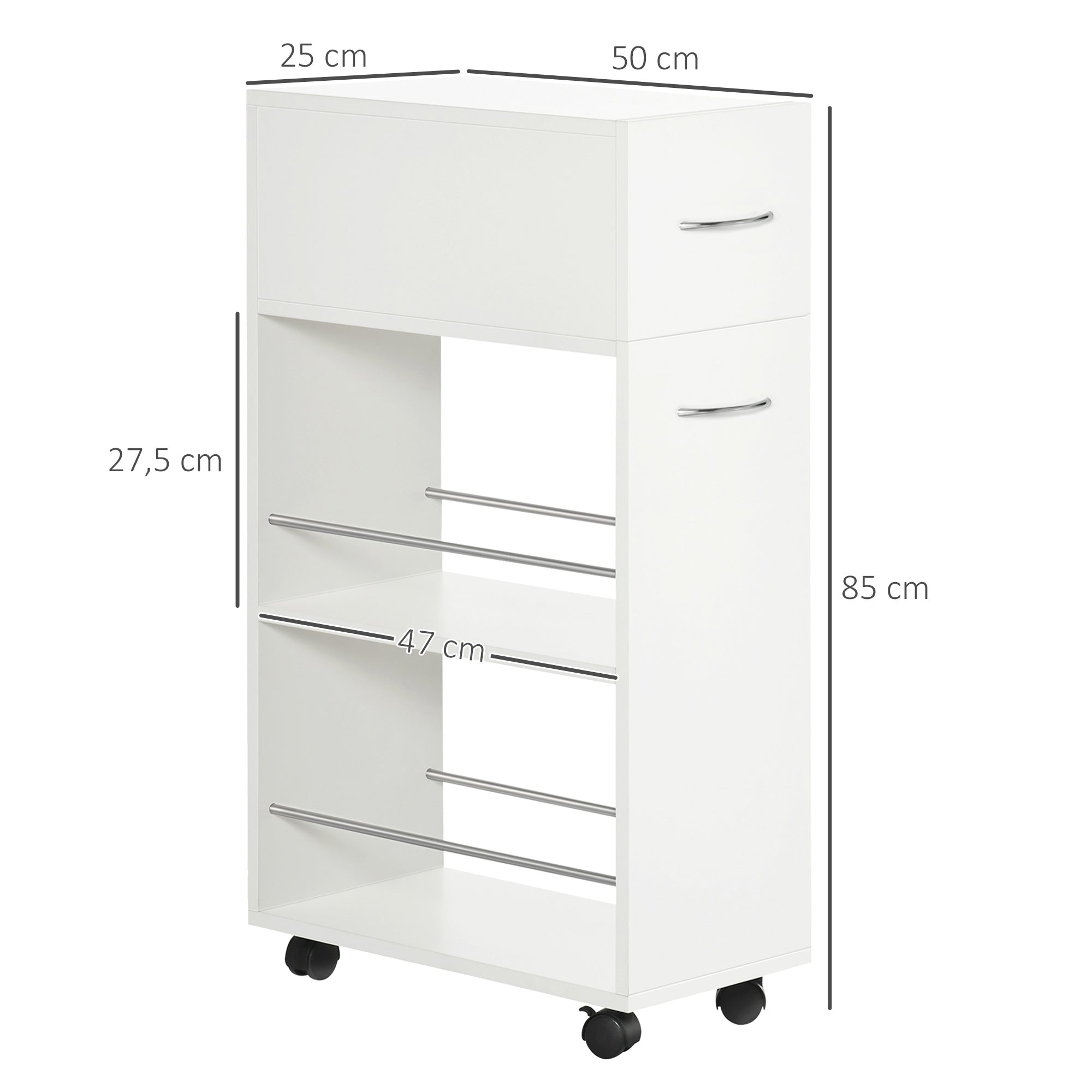 Kitchen Trolley Cart on Wheels with 1 Drawer and 2 Open Shelves for Dining Room Living Room Bathroom 25 x 50 x 85 cm White