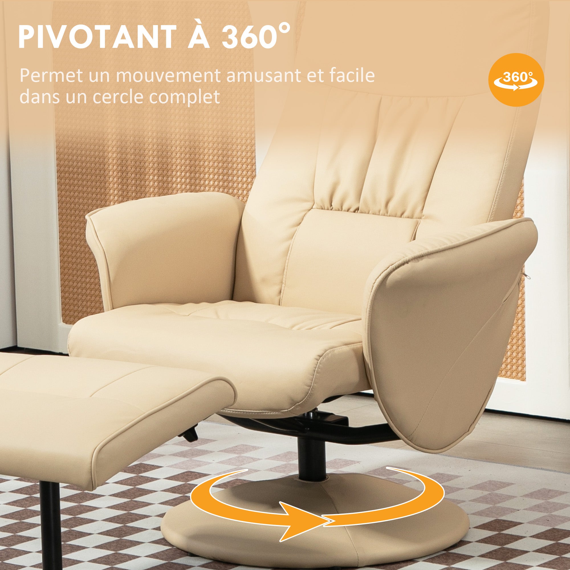 Relaxation Chair with Footrest Swivel Relaxation Chair 360° and Reclining Back for TV Supporting up to 120 Kg Synthetic Cover Beige Metal