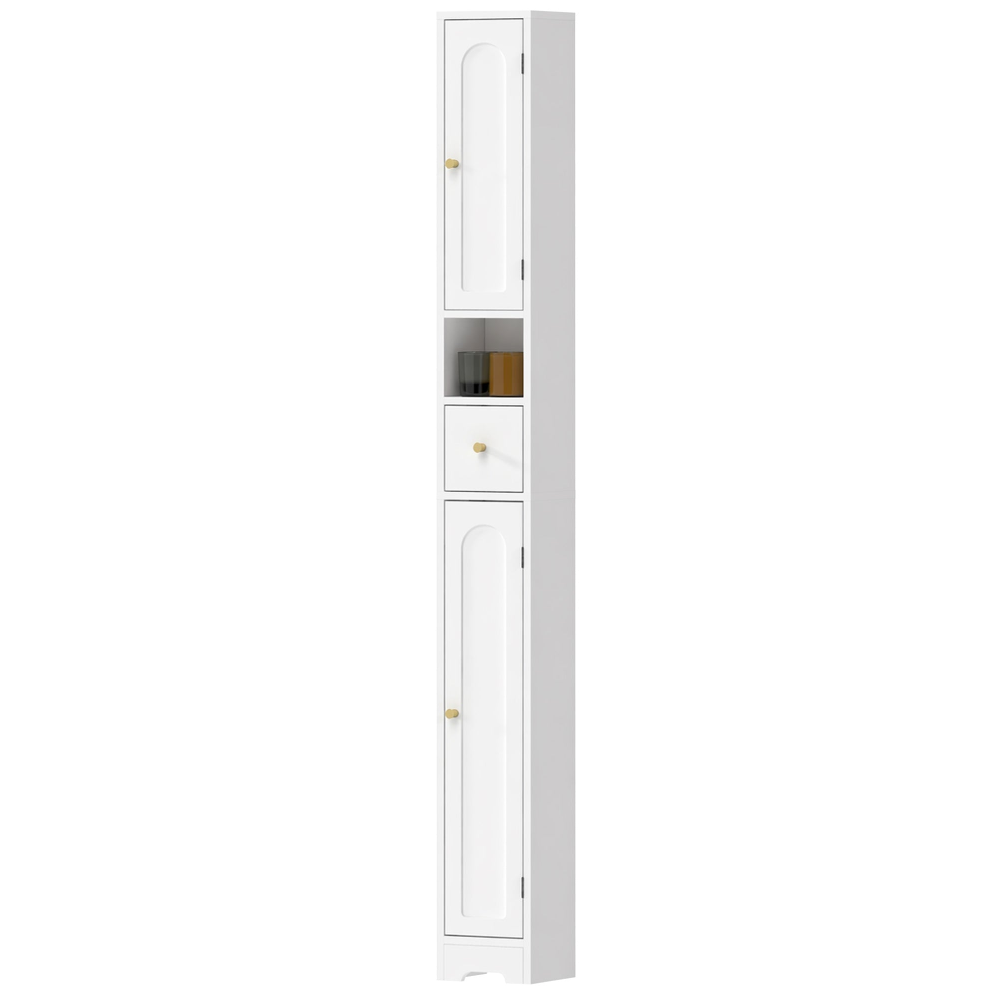 Slim Tall Bathroom Cabinet with Drawer, Arched Doors & Open Shelf, Adjustable Shelves — 7.9 in W x 7.9 in D x 72.8 in H (20 x 20 x 185 cm), White
