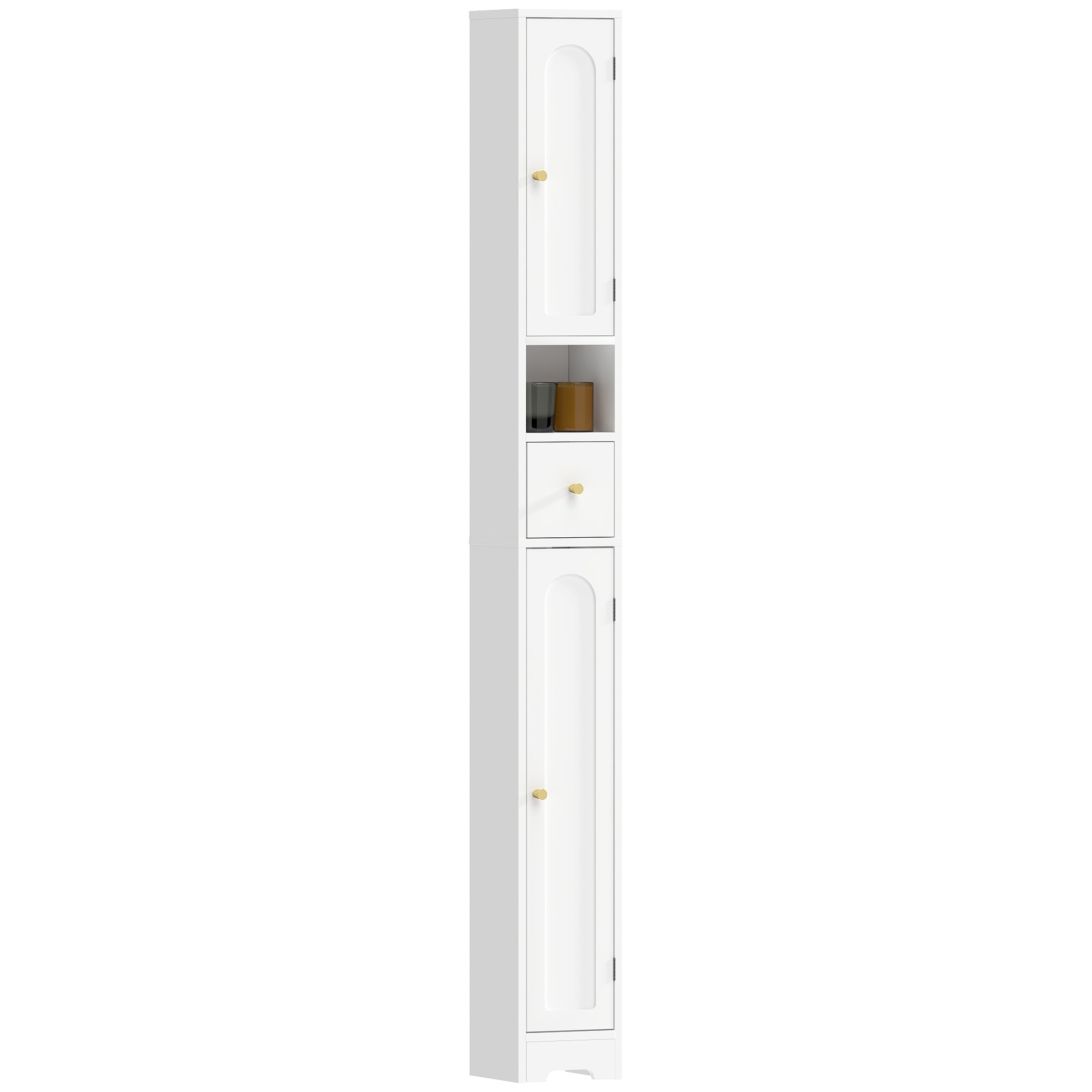 Slim Tall Bathroom Cabinet with Drawer, Arched Doors & Open Shelf, Adjustable Shelves — 7.9 in W x 7.9 in D x 72.8 in H (20 x 20 x 185 cm), White