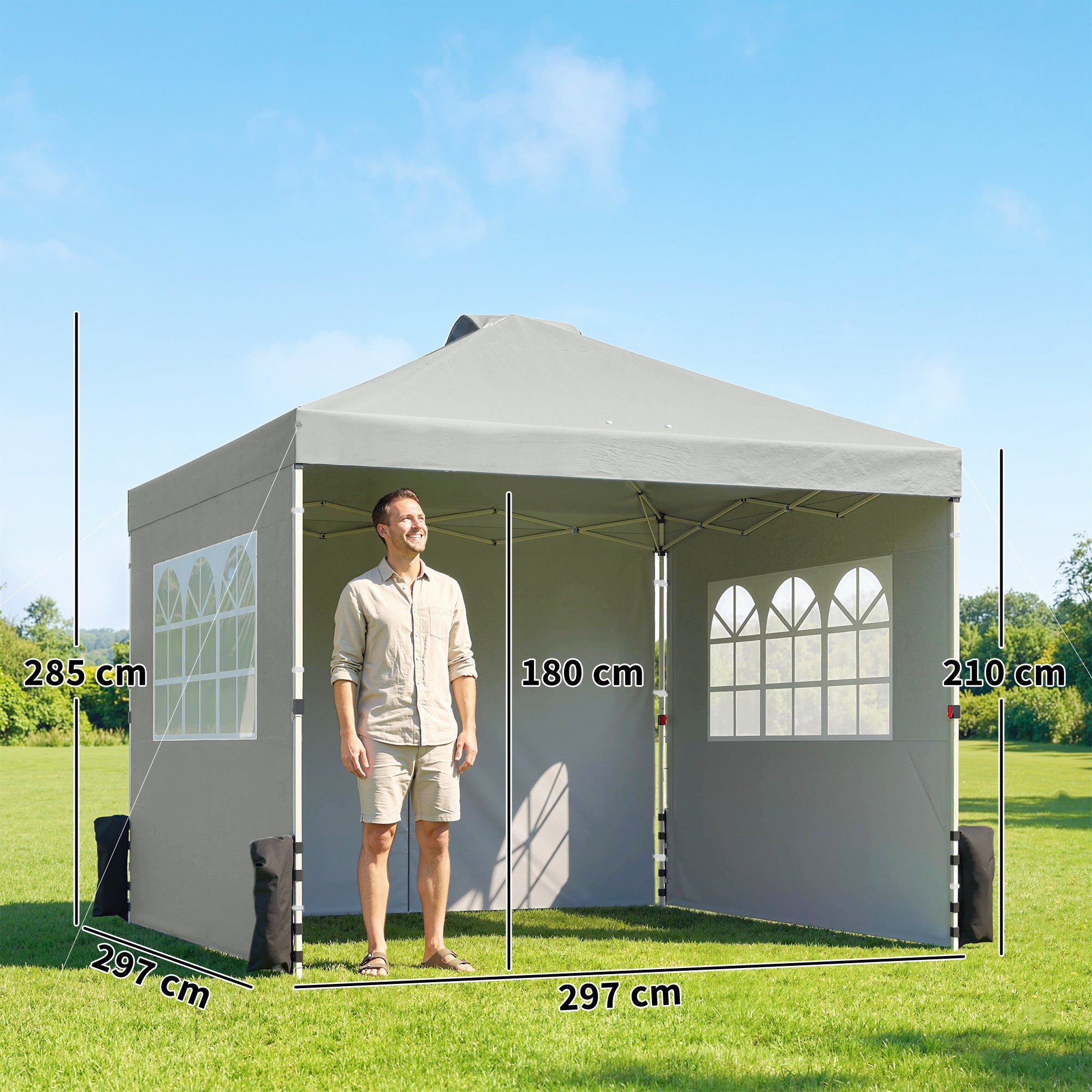 10'x10' Waterproof Height-Adjustable Pop-Up Canopy — 3 Sidewalls, Windows & Vents, UV50+, Folding Party Tent with Rolling Carry Bag, Light Gray