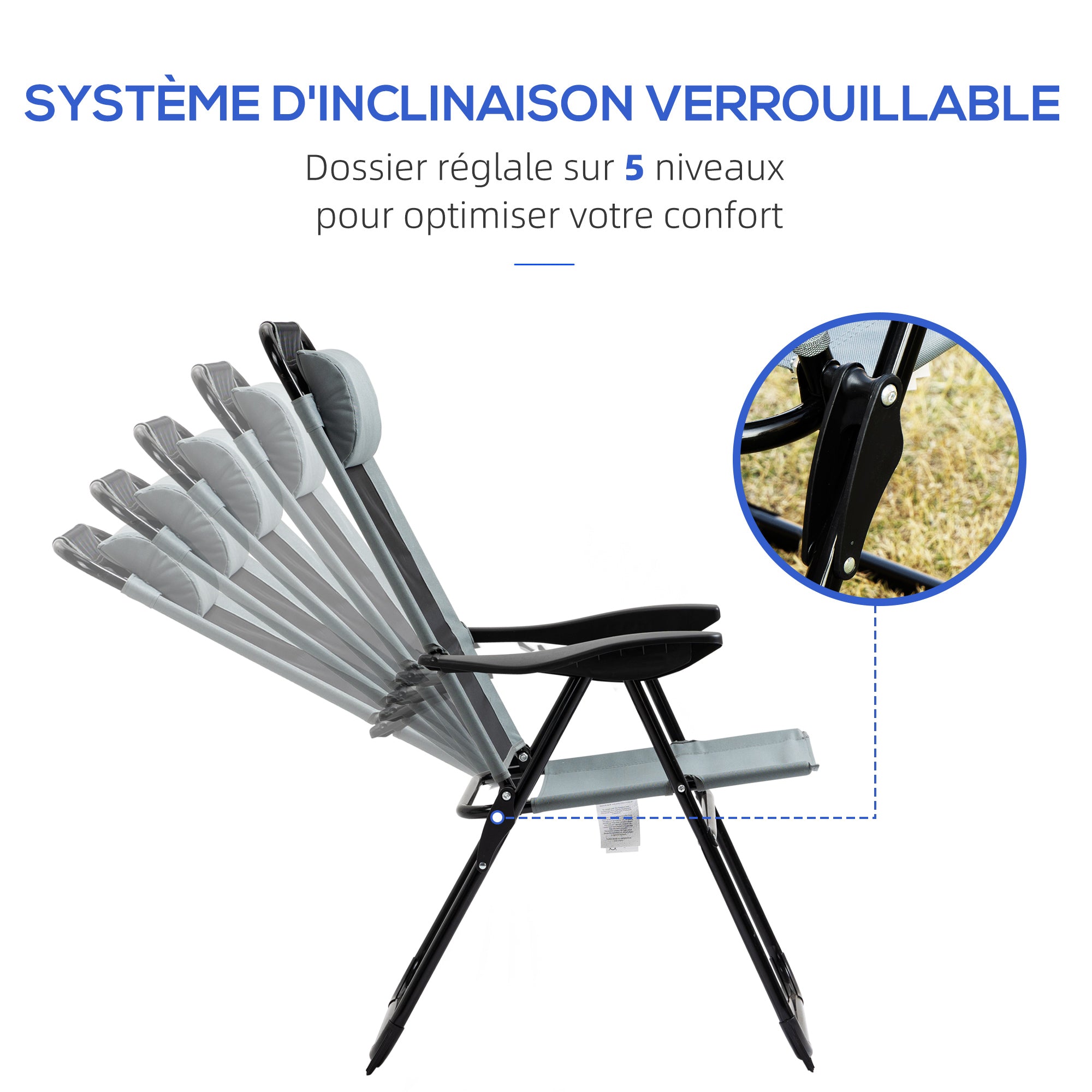 Set of 2 garden chairs basic set of 2 folding chairs camping chair balcony chair adjustable armrest backrest in 5 positions removable pillow provided gray textilene oxford fabric