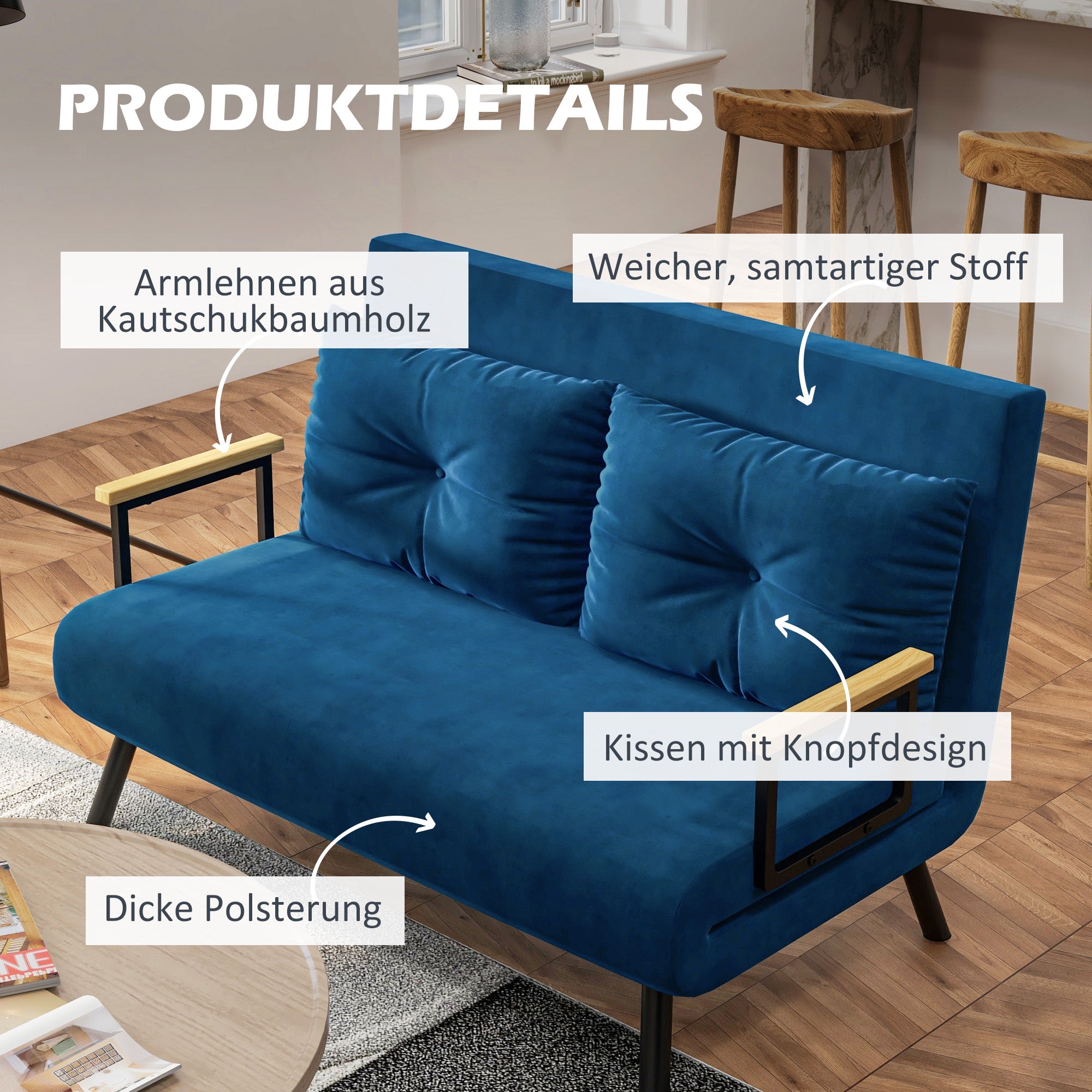 Sleeper Sofa, Folding Bed with Bed Function, Recliner Chair with Back Pillows, Padded Sofa with Adjustable Backrest, Velvet Look, 102 x 73 x 81 cm, Blue