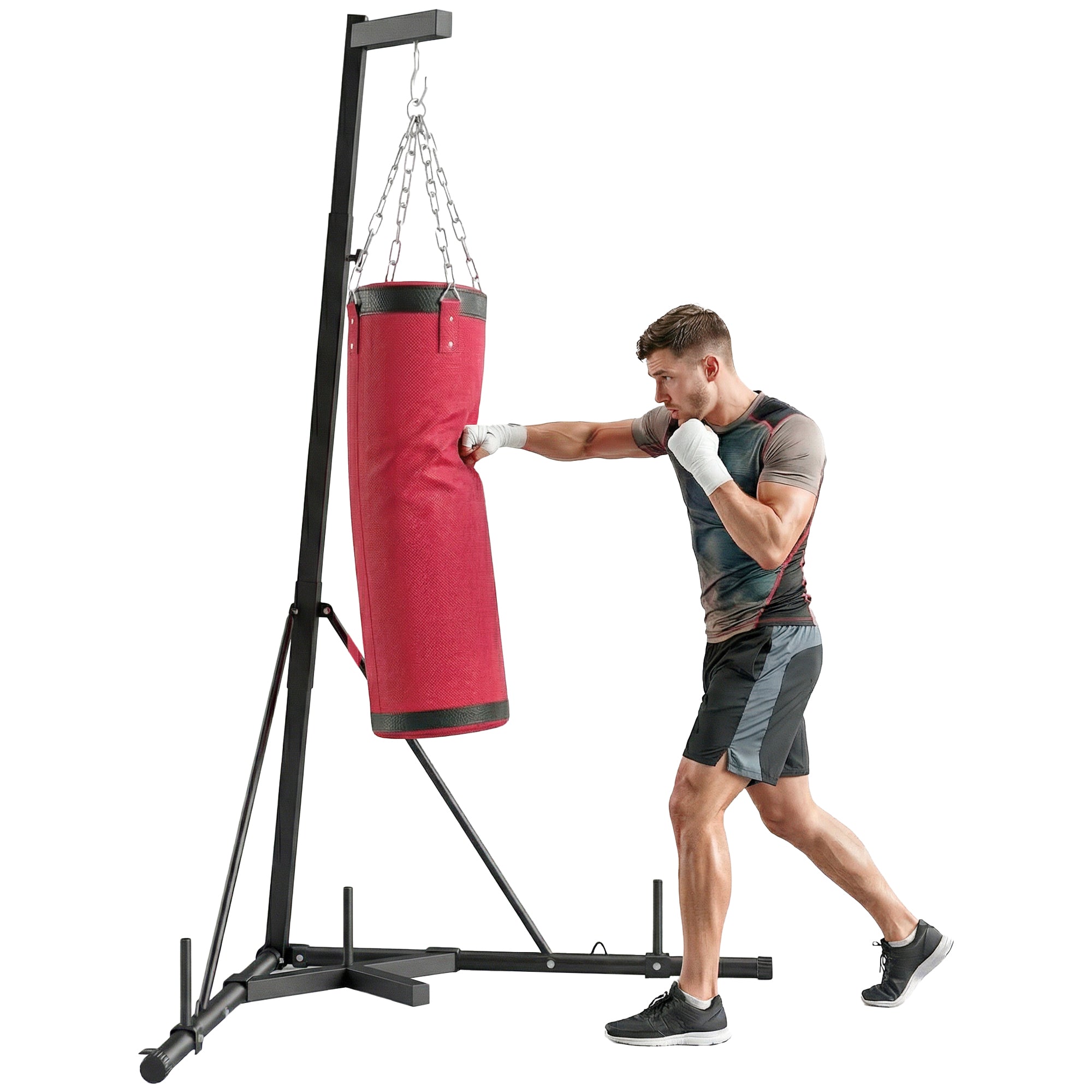 SPORTNOW Boxing Bag with Stand for Adults, Adjustable Height 185–231 cm (73–91 in), Triangular Base, Canvas Punching Bag, 1 in Weight Plate Posts, Home Gym Fitness Training, Red