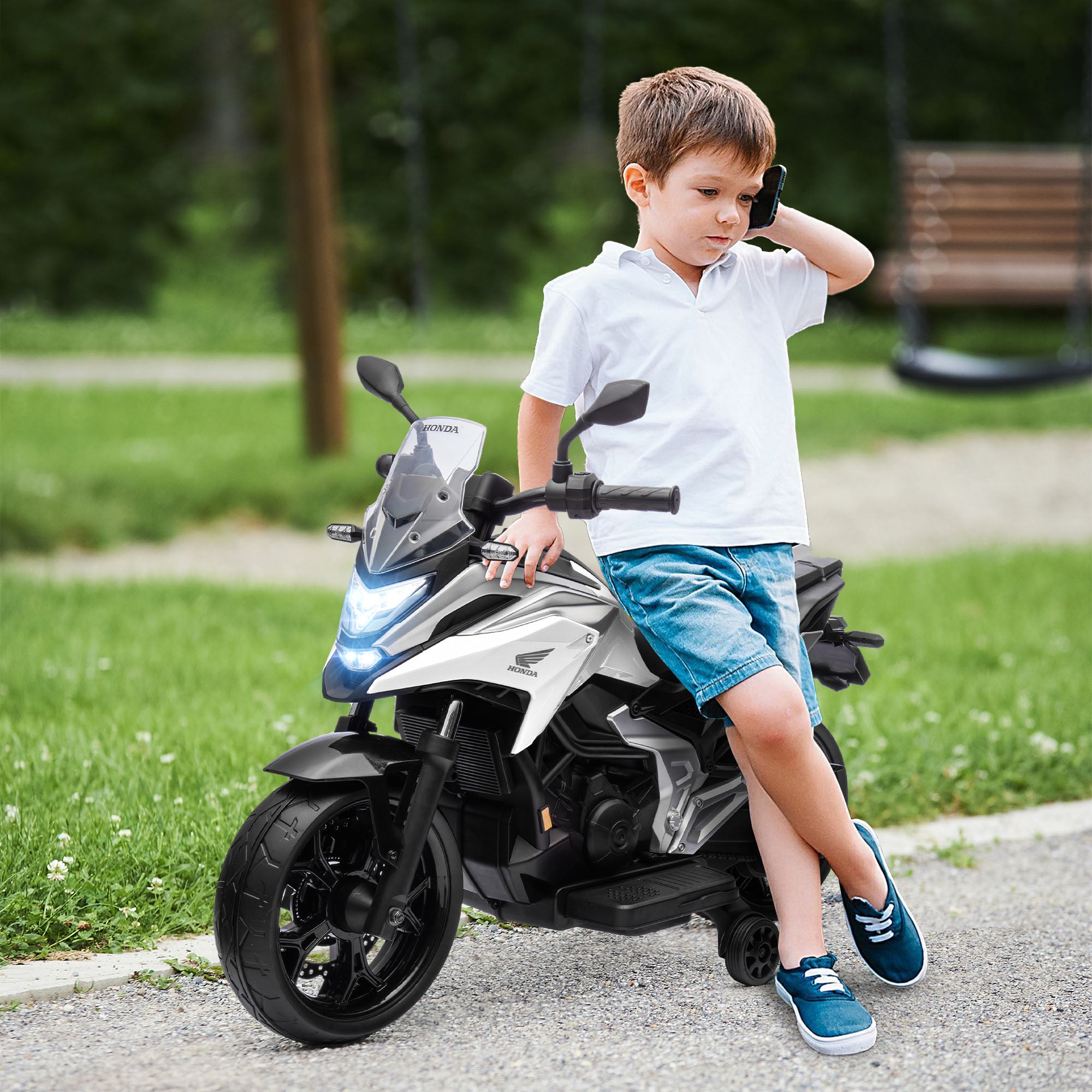 Electric Kids Motorcycle Electric Motorcycle with MP3, USB, Training Wheels, Music, Headlights, Kids Electric Motorcycle with 2 Training Wheels for Kids 3-6 Years White