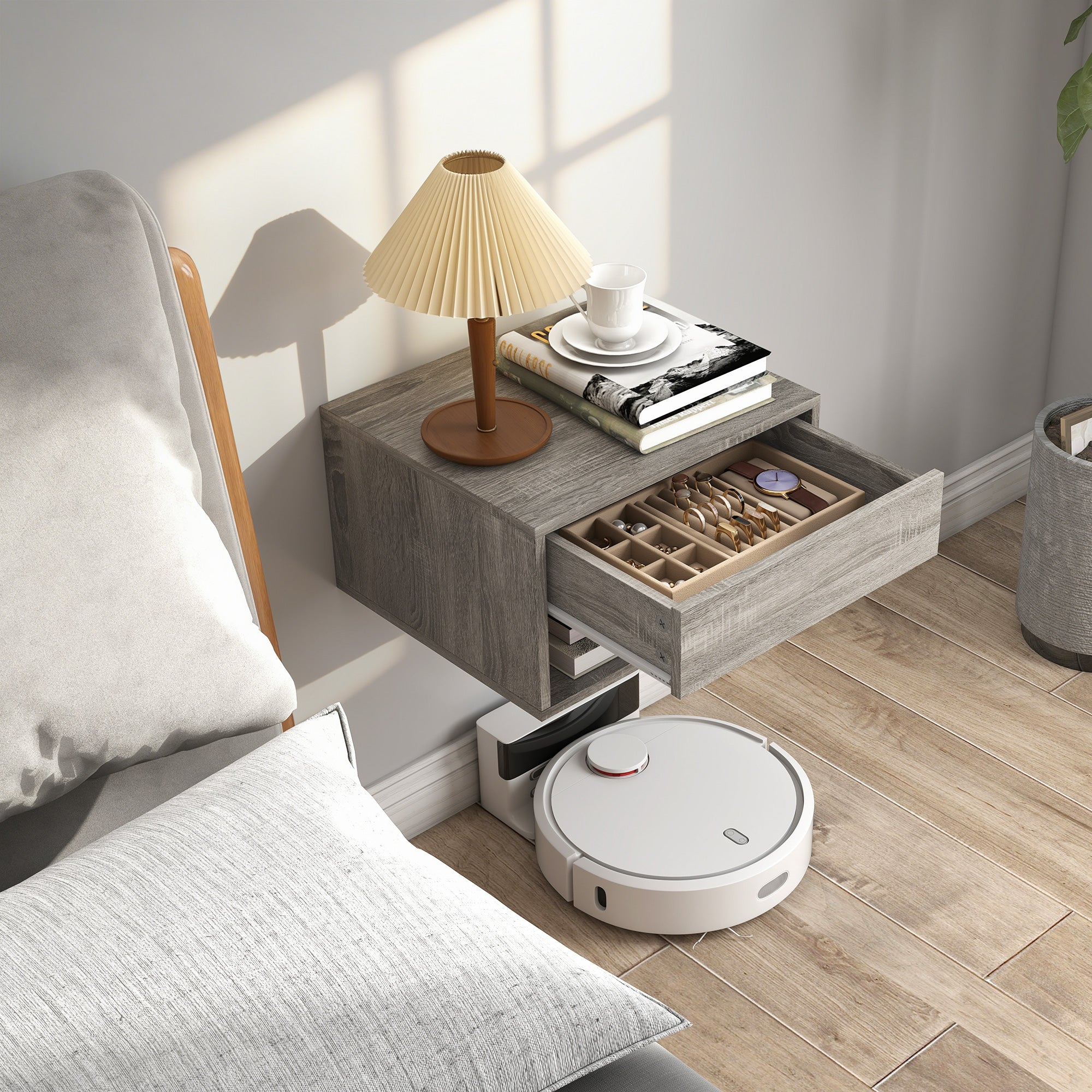 Set of 2 Floating Wall Nightstands with Sliding Drawer & Open Shelf, Modern Gray — 14.6 x 12.6 x 8.3 in