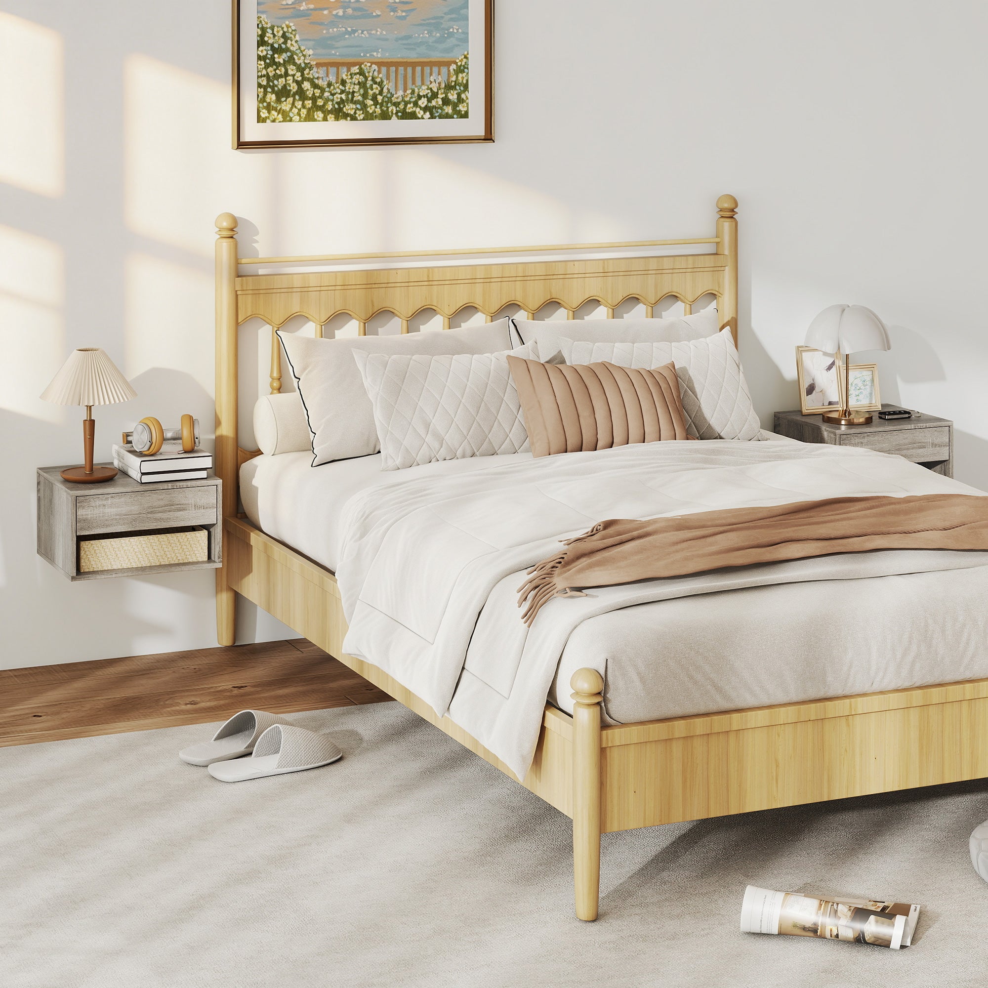 Set of 2 Floating Wall Nightstands with Sliding Drawer & Open Shelf, Modern Gray — 14.6 x 12.6 x 8.3 in