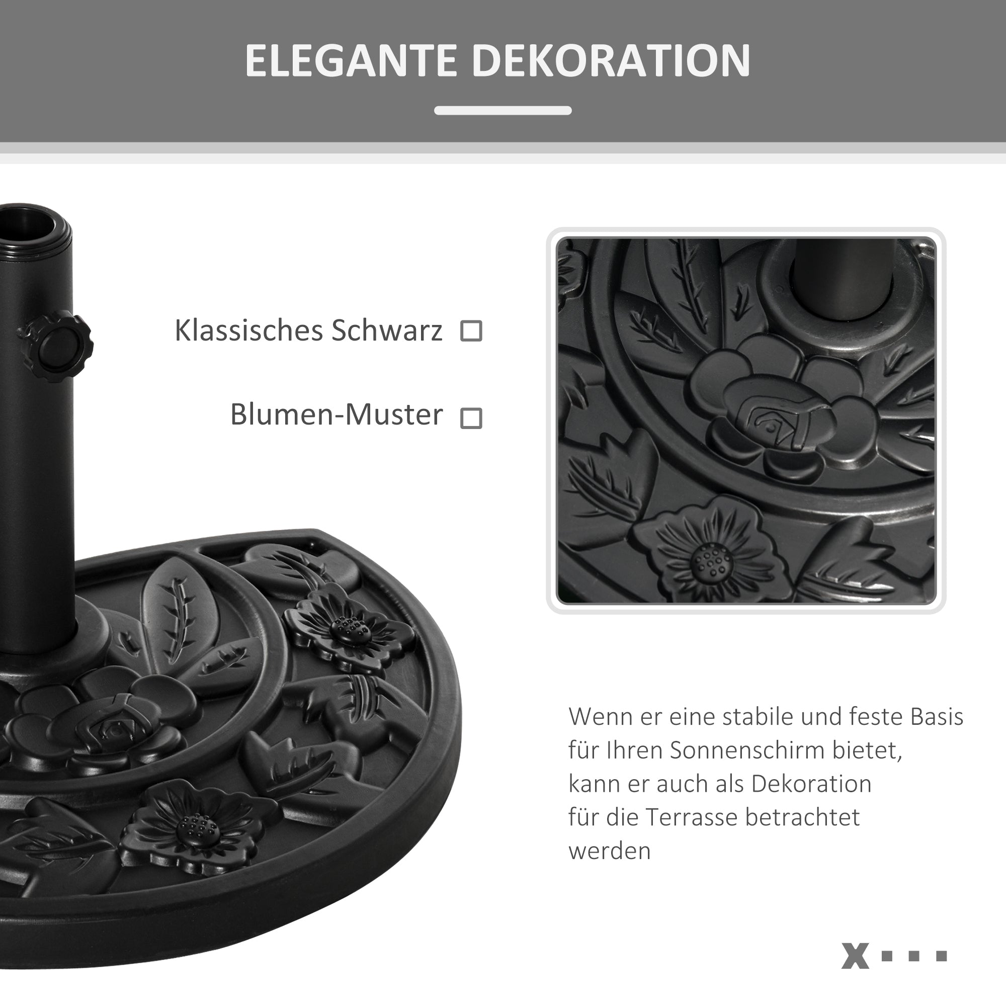 Umbrella Stand 9 kg Cantilever Umbrella Stand with Flower Design Half-Round Umbrella Holder, Stand for Umbrella 35/38/48mm Pole Diameter, for Balcony, Terrace, Garden, Black