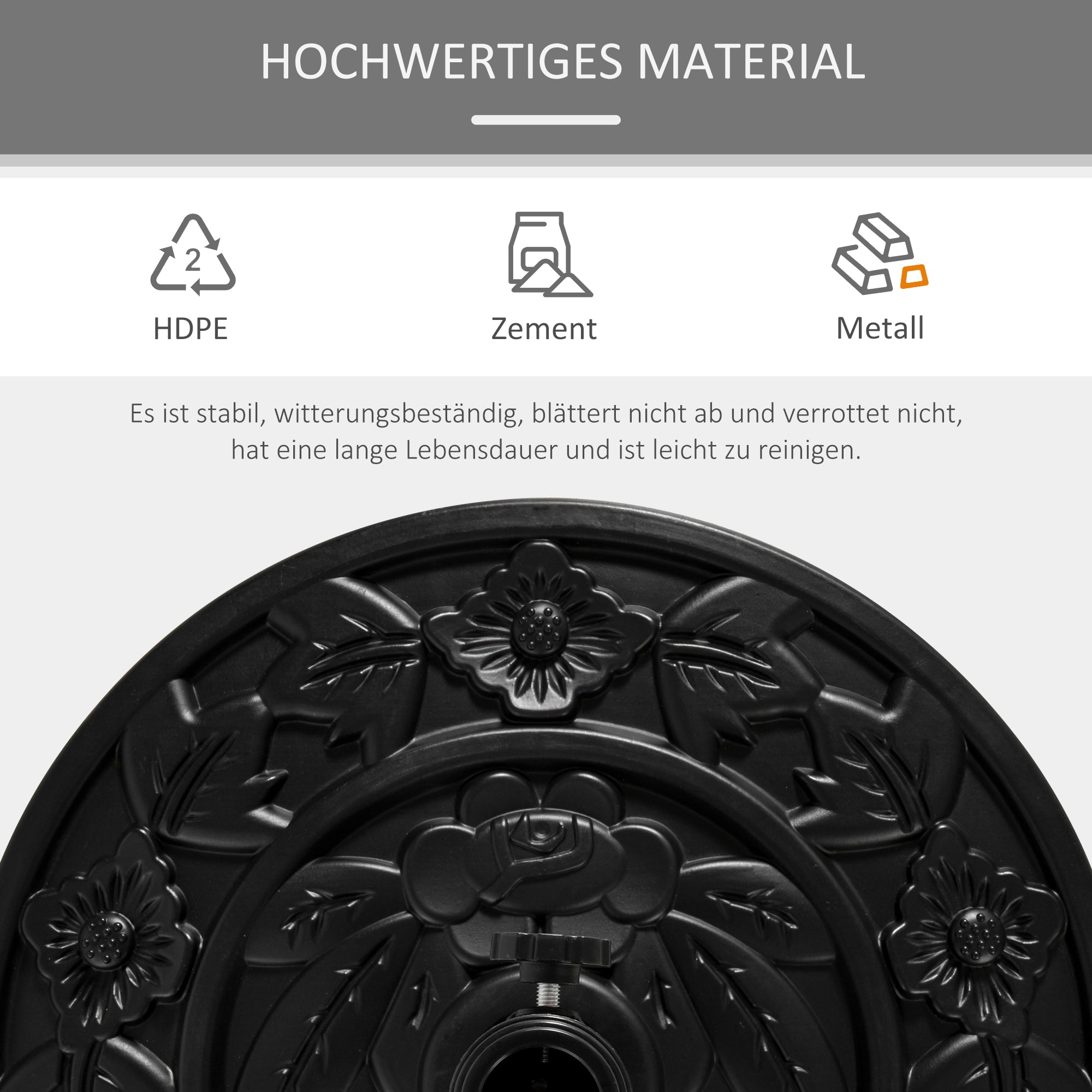 Umbrella Stand 9 kg Cantilever Umbrella Stand with Flower Design Half-Round Umbrella Holder, Stand for Umbrella 35/38/48mm Pole Diameter, for Balcony, Terrace, Garden, Black