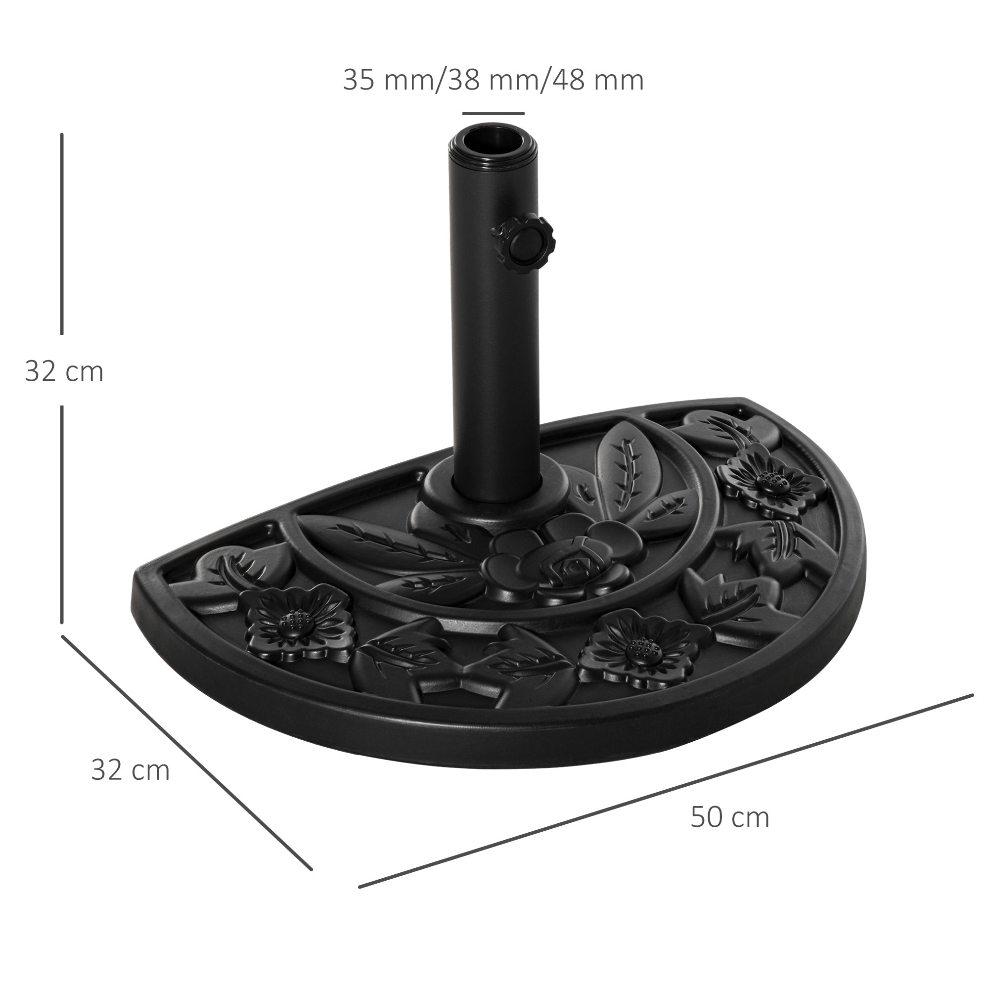 Umbrella Stand 9 kg Cantilever Umbrella Stand with Flower Design Half-Round Umbrella Holder, Stand for Umbrella 35/38/48mm Pole Diameter, for Balcony, Terrace, Garden, Black