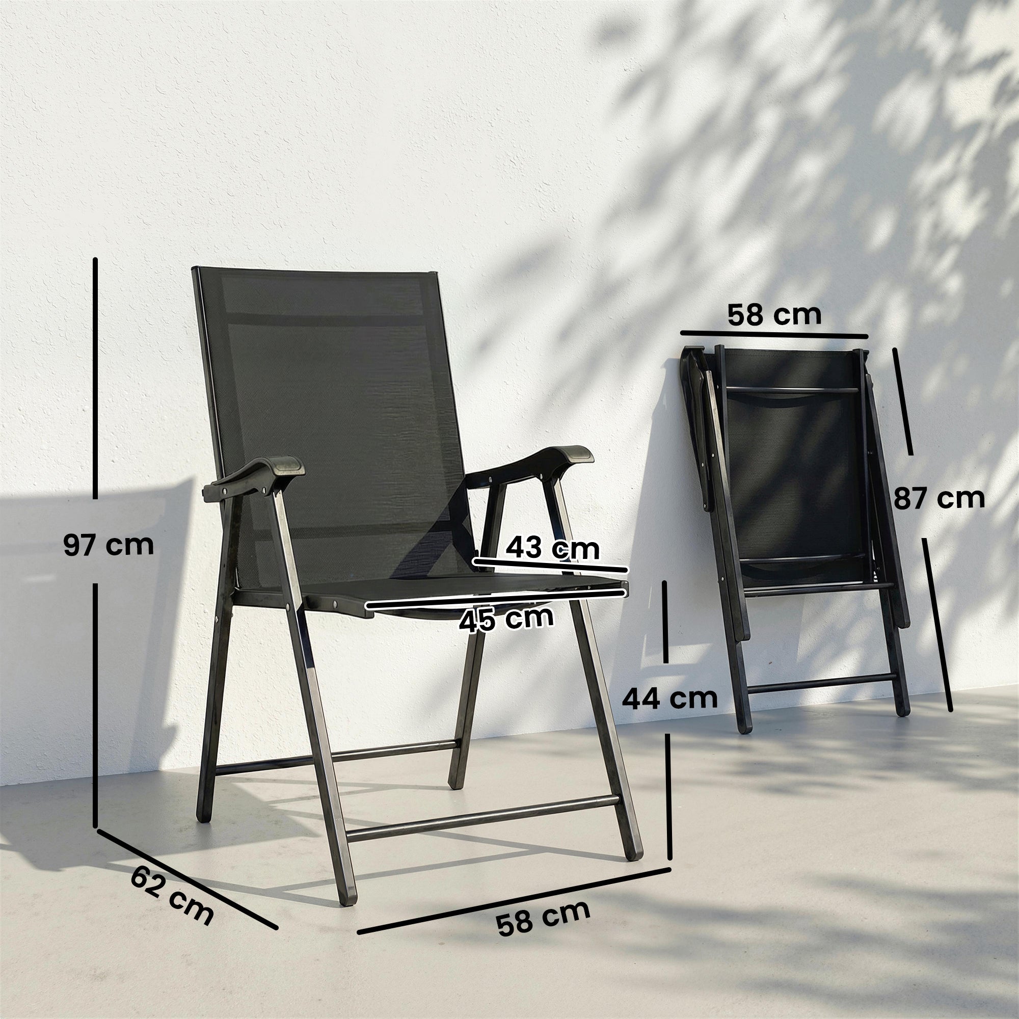 2-Pack Folding Garden Chairs, Foldable with High Back & Armrests for Garden, Balcony, Terrace — Steel Frame, Black Texteline, 22.8" x 24.4" x 38.2" (58 x 62 x 97 cm)