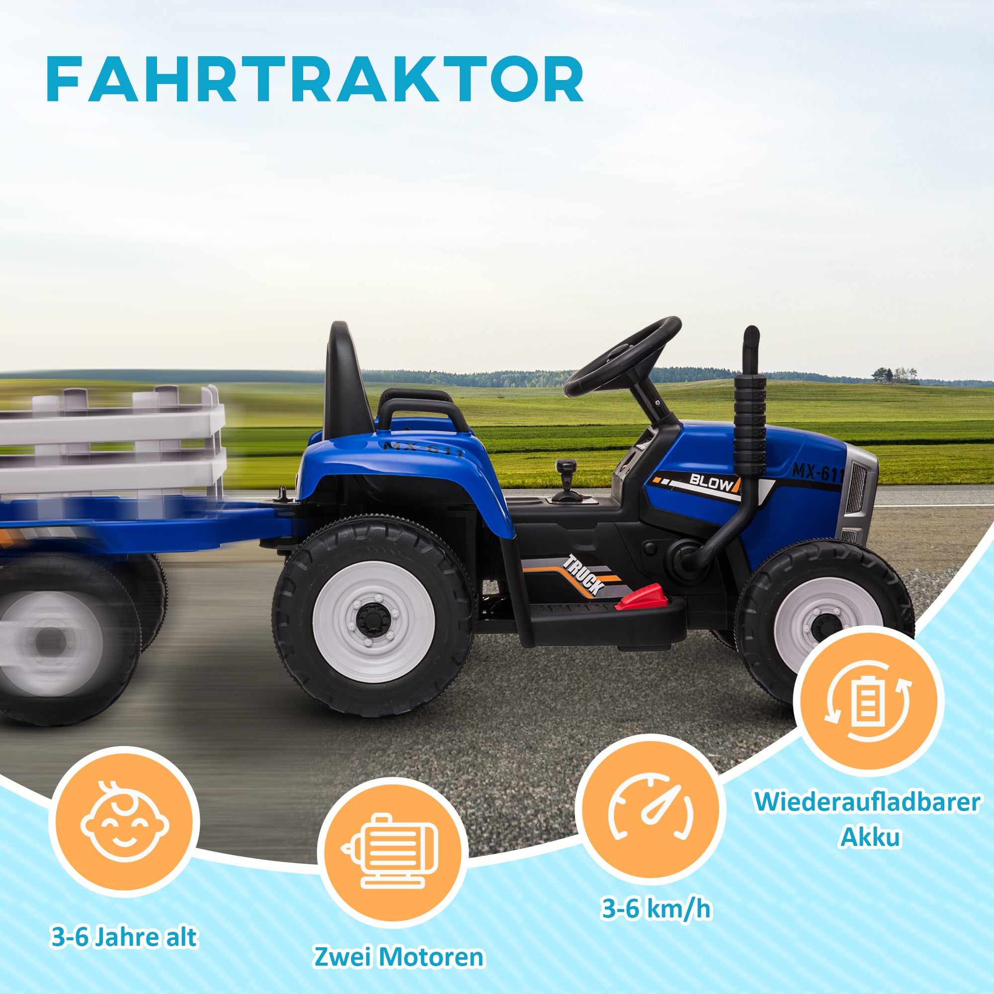 Electric Tractor with Trailer, Kids Ride-On Tractor with Remote Control, Kids Electric Car with MP3 Function, Children's Vehicle with Headlights, 3-6KM/H, for 3-6 Years, Blue