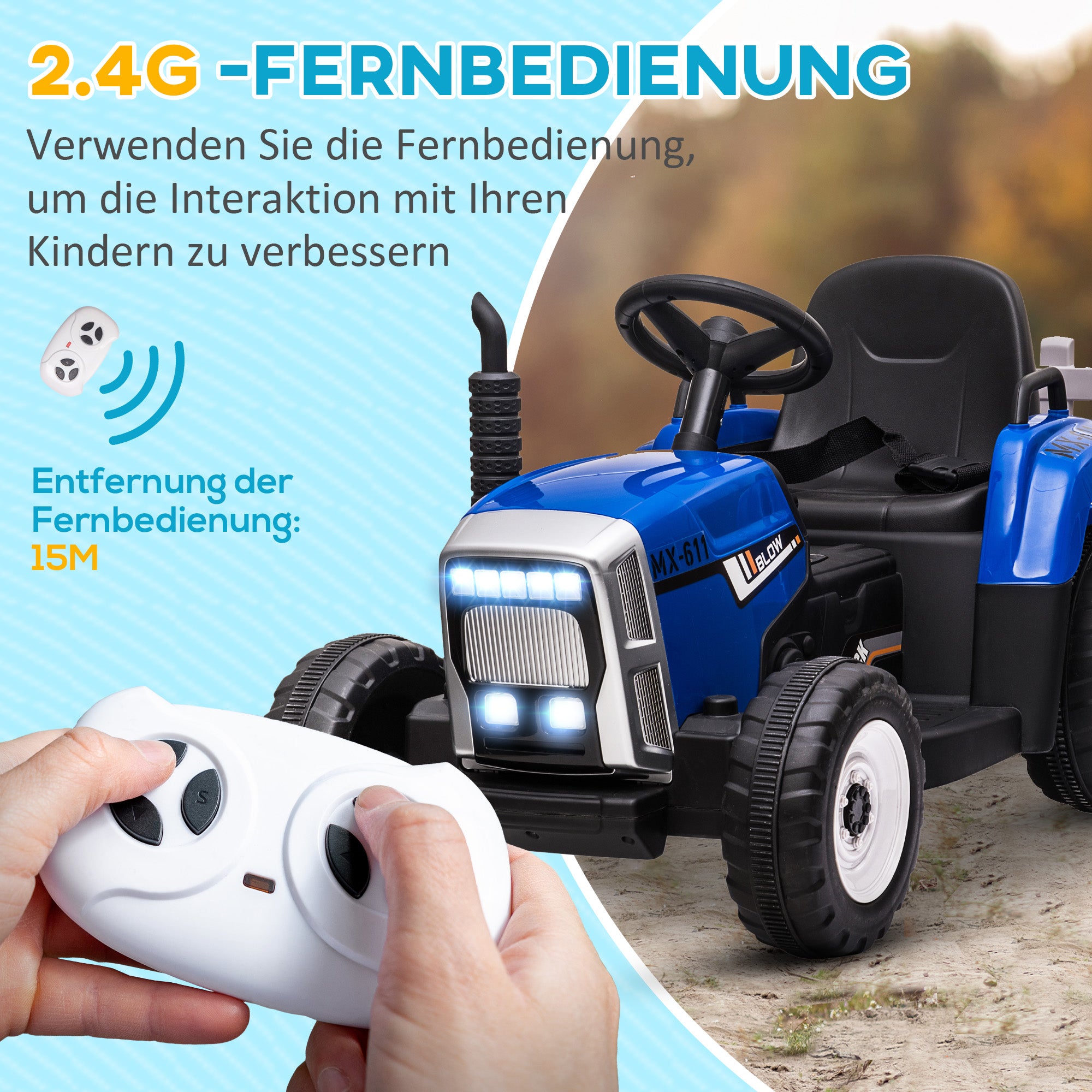 Electric Tractor with Trailer, Kids Ride-On Tractor with Remote Control, Kids Electric Car with MP3 Function, Children's Vehicle with Headlights, 3-6KM/H, for 3-6 Years, Blue