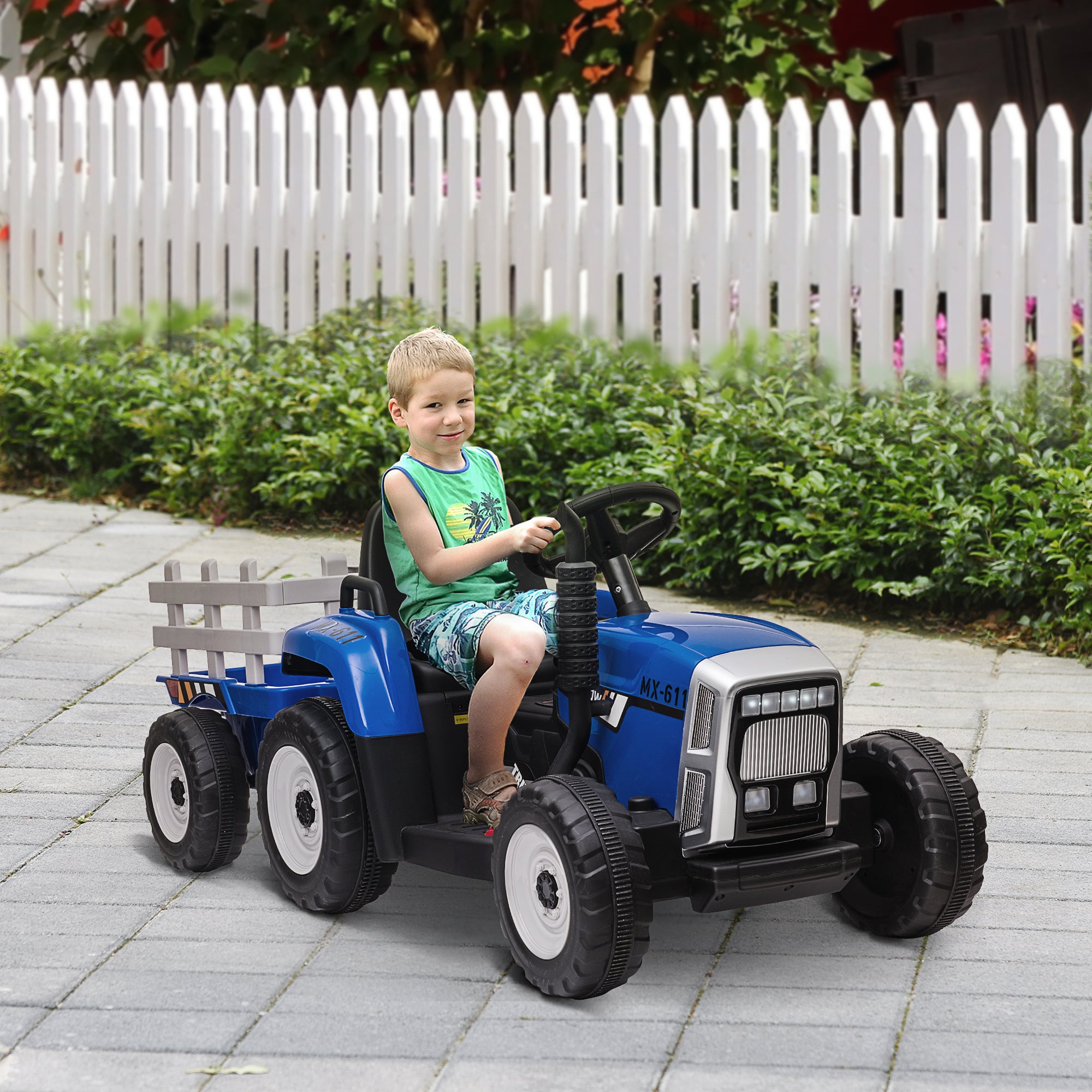 Electric Tractor with Trailer, Kids Ride-On Tractor with Remote Control, Kids Electric Car with MP3 Function, Children's Vehicle with Headlights, 3-6KM/H, for 3-6 Years, Blue