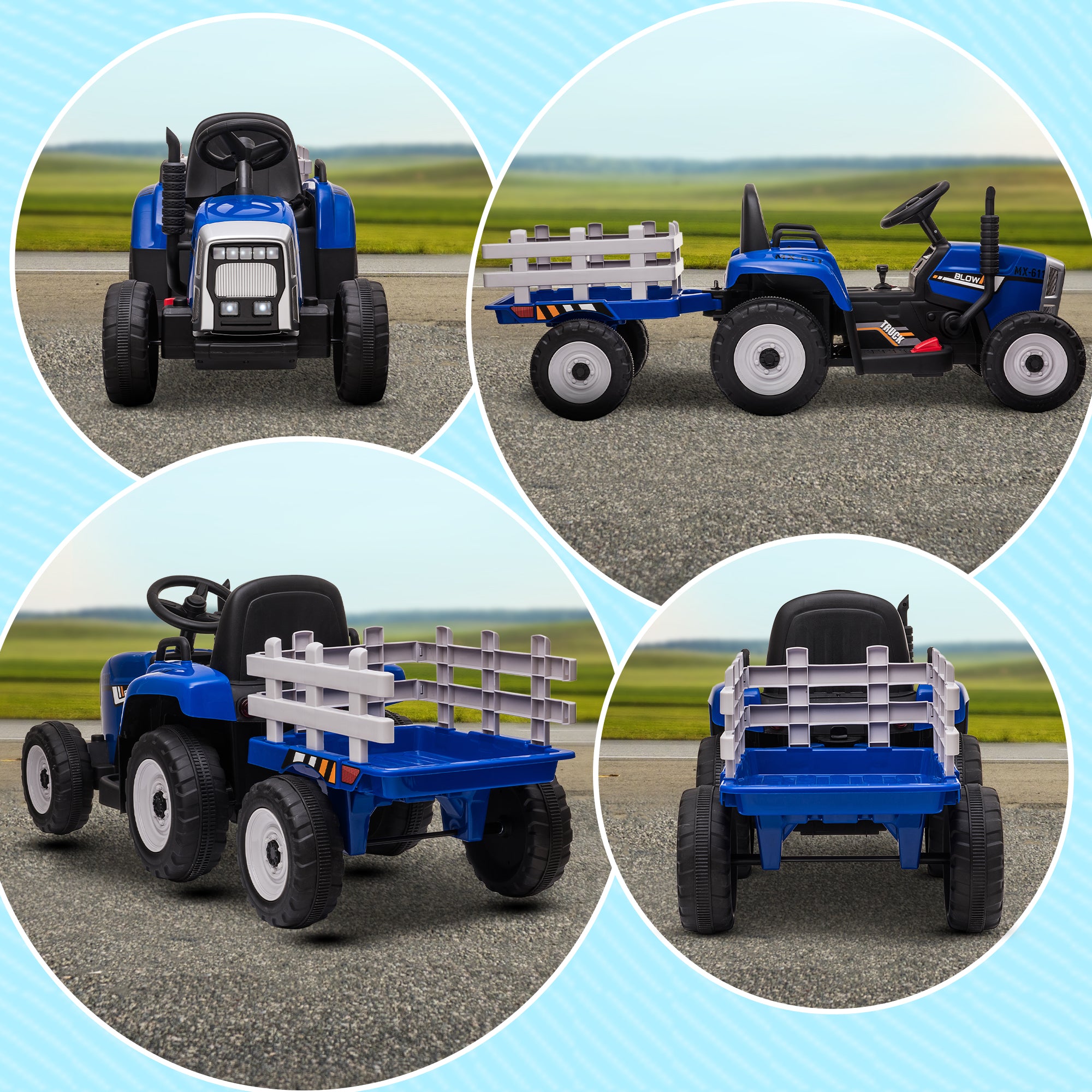 Electric Tractor with Trailer, Kids Ride-On Tractor with Remote Control, Kids Electric Car with MP3 Function, Children's Vehicle with Headlights, 3-6KM/H, for 3-6 Years, Blue