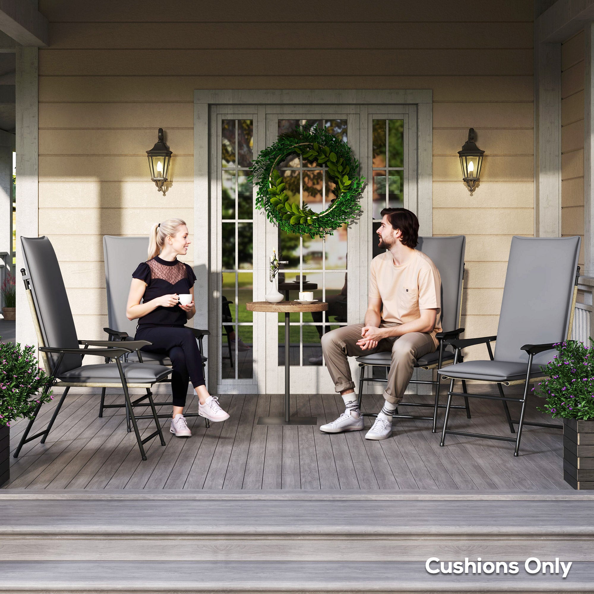 Set of 4 outdoor chair cushions high back chair pad with ties and adjustable band anti-fading UPF50+ dyed fabric for garden terrace balcony 124x50x5cm gray