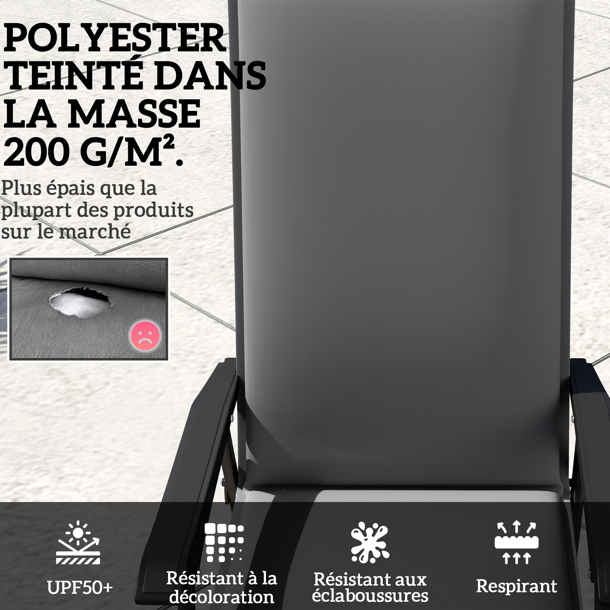 Set of 4 outdoor chair cushions high back chair pad with ties and adjustable band anti-fading UPF50+ dyed fabric for garden terrace balcony 124x50x5cm gray