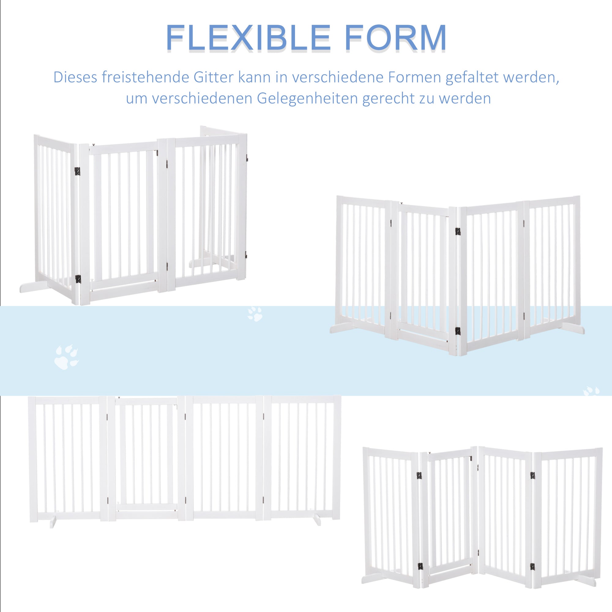 Freestanding Dog Barrier Gate with Feet 220 x 91 cm Wood Pet Gate Stair Safety Gate Door Guard Gate for Stairs, Doors, Kitchen, Hallway, 4 Panels, White
