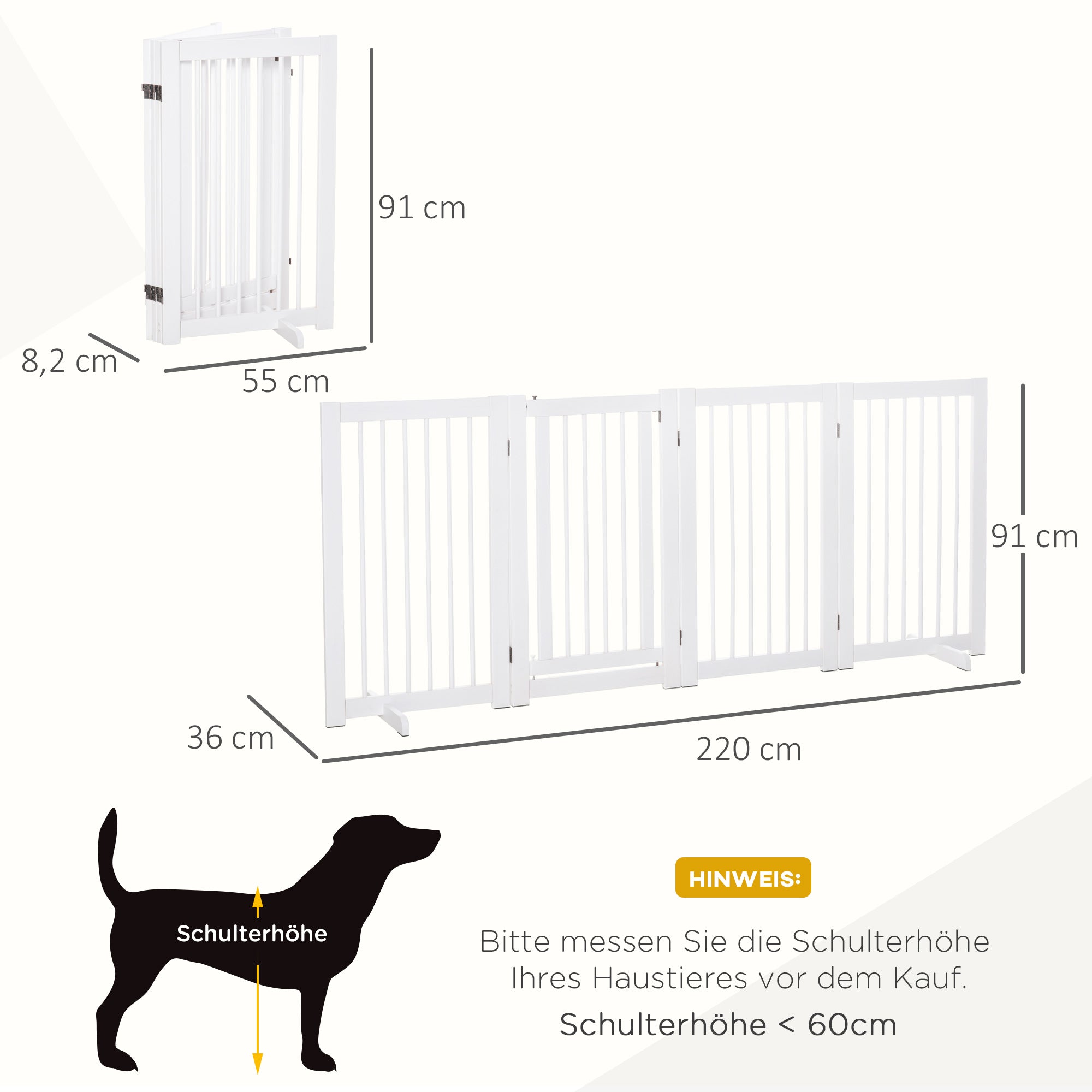 Freestanding Dog Barrier Gate with Feet 220 x 91 cm Wood Pet Gate Stair Safety Gate Door Guard Gate for Stairs, Doors, Kitchen, Hallway, 4 Panels, White