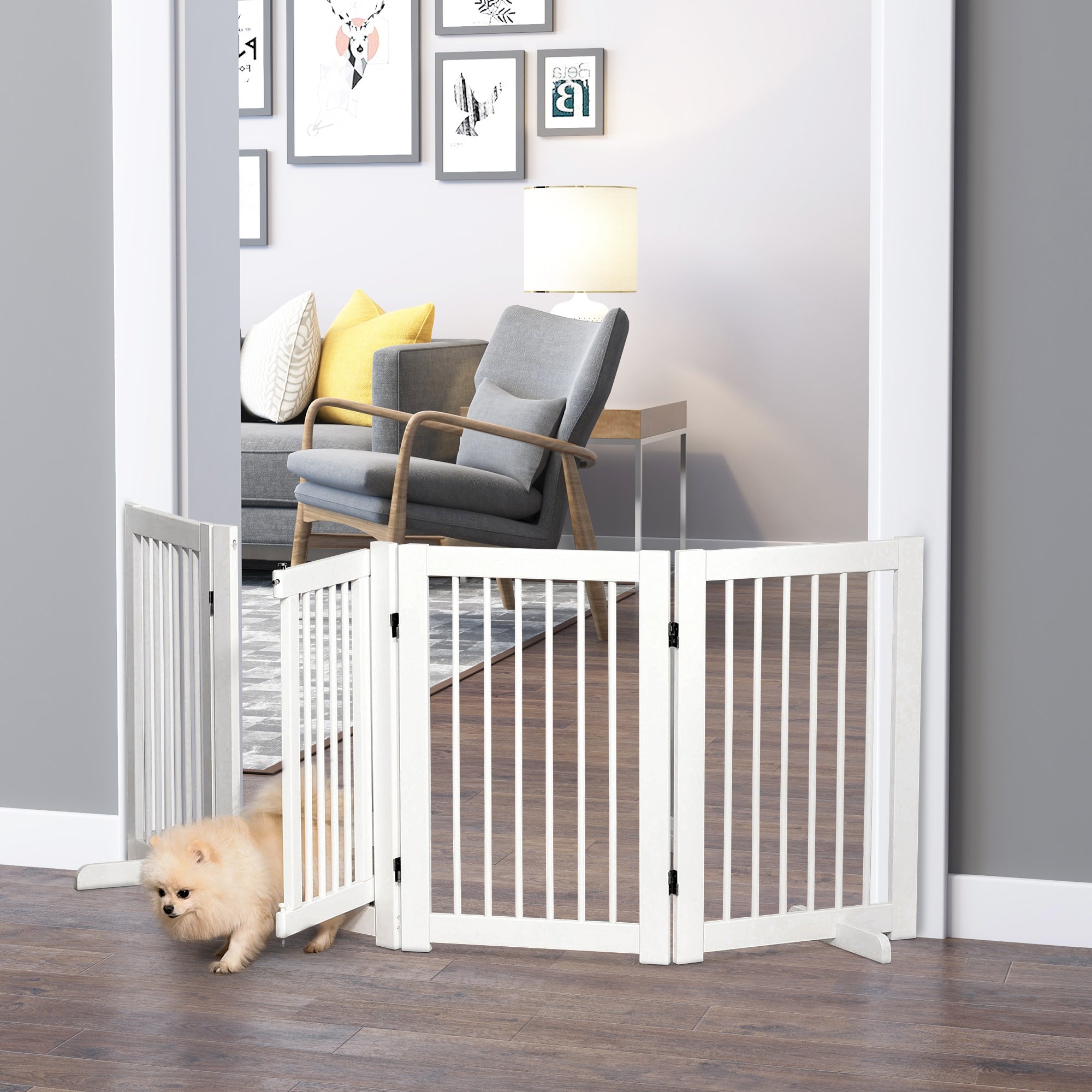 Freestanding Dog Barrier Gate with Feet 220 x 91 cm Wood Pet Gate Stair Safety Gate Door Guard Gate for Stairs, Doors, Kitchen, Hallway, 4 Panels, White