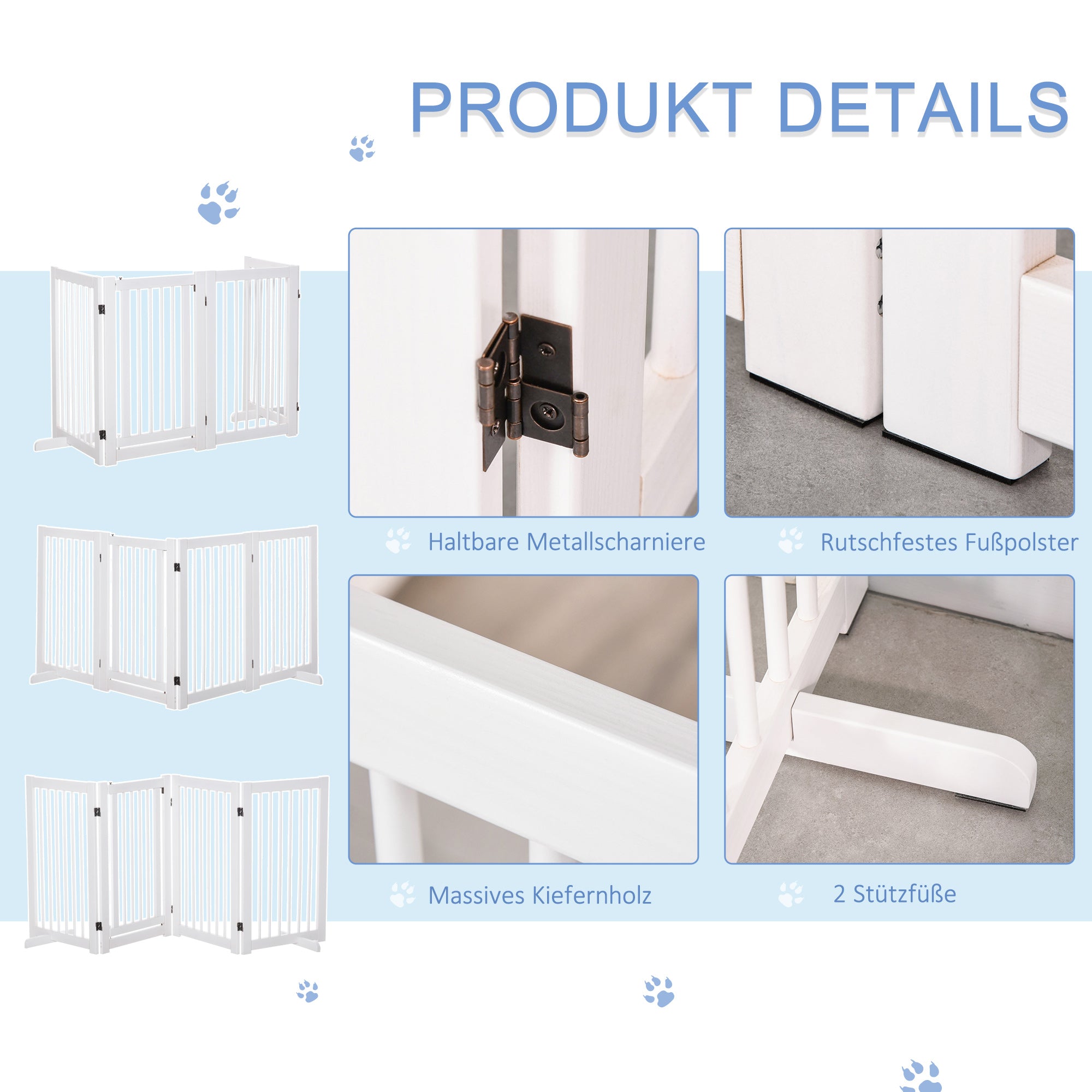 Freestanding Dog Barrier Gate with Feet 220 x 91 cm Wood Pet Gate Stair Safety Gate Door Guard Gate for Stairs, Doors, Kitchen, Hallway, 4 Panels, White