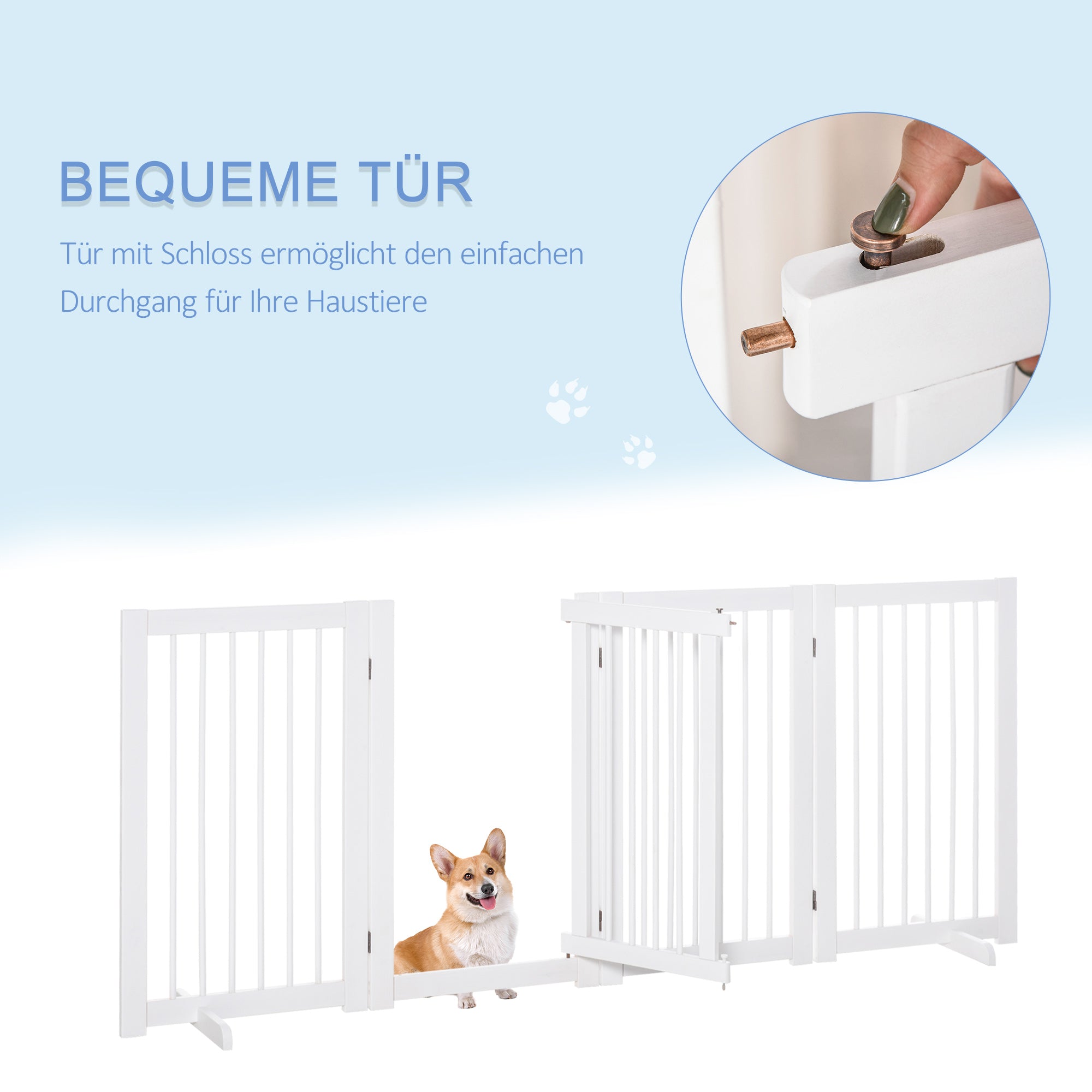Freestanding Dog Barrier Gate with Feet 220 x 91 cm Wood Pet Gate Stair Safety Gate Door Guard Gate for Stairs, Doors, Kitchen, Hallway, 4 Panels, White