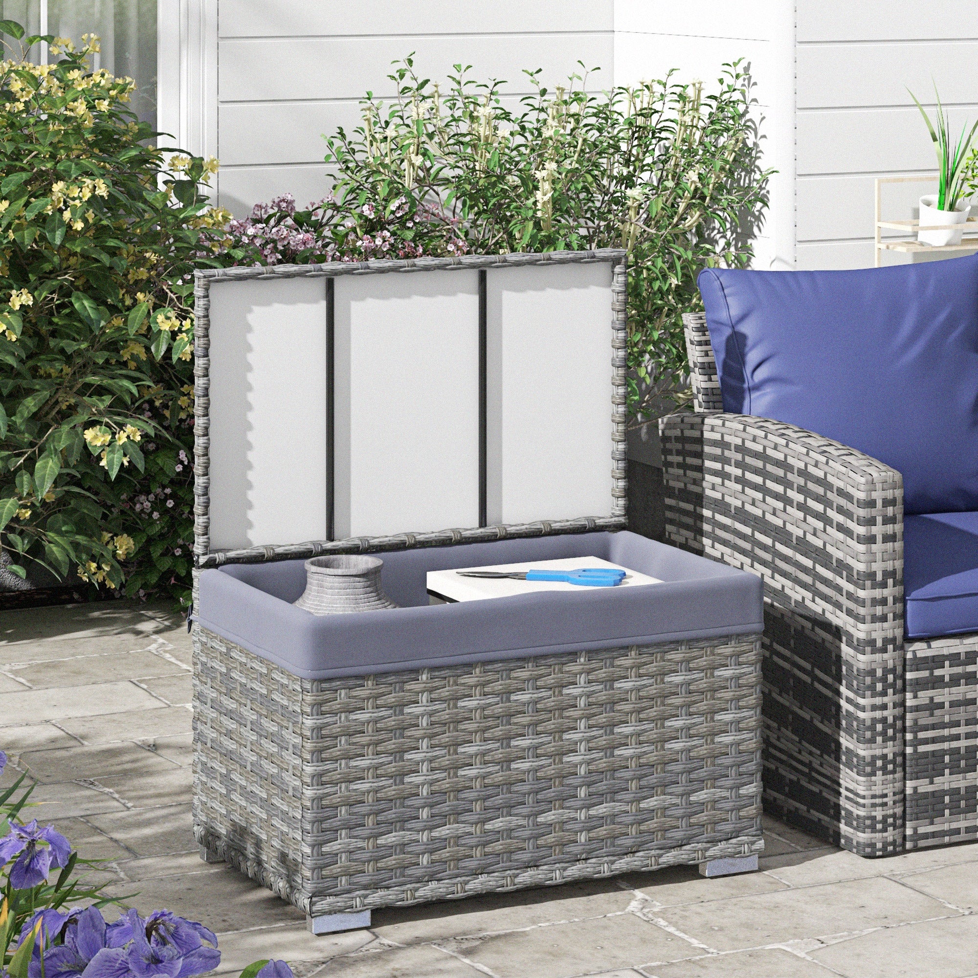 PE Rattan Garden Box, Outdoor Bench with Non-Slip Feet and Waterproof Fabric Interior Coating, 76x45x48cm, Gray