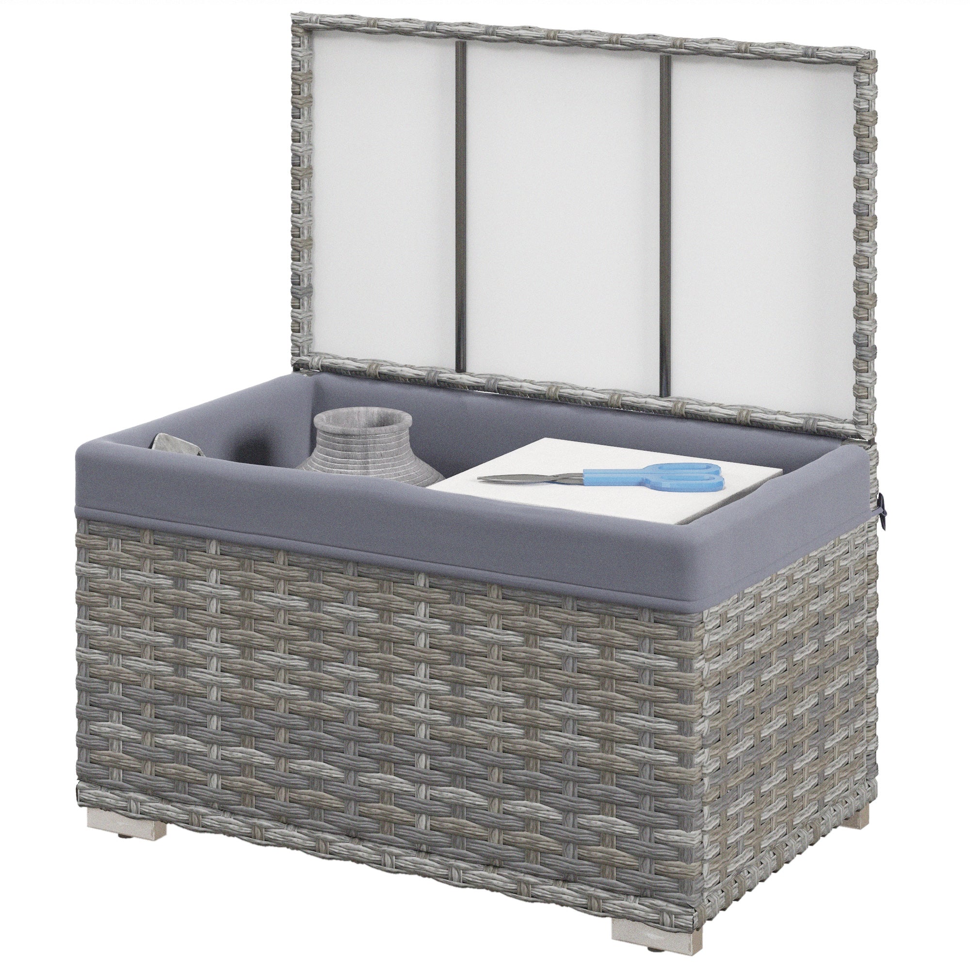 PE Rattan Garden Box, Outdoor Bench with Non-Slip Feet and Waterproof Fabric Interior Coating, 76x45x48cm, Gray