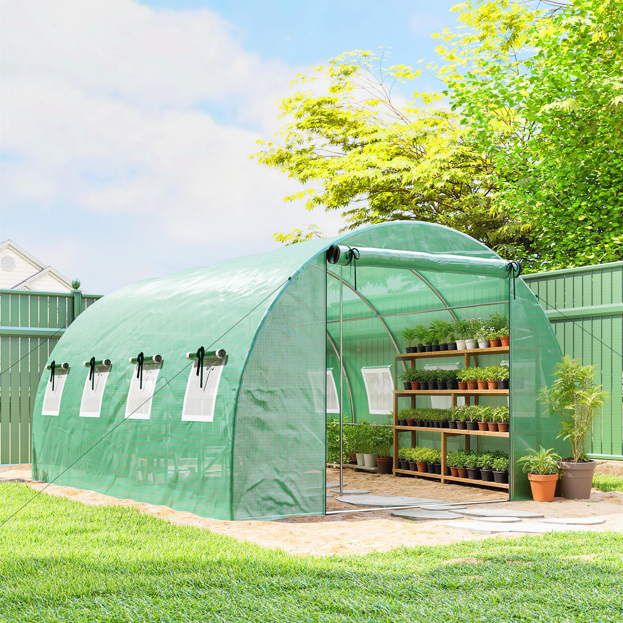 Tunnel Garden Greenhouse, approx. 129 sq ft (12 m²) — 295 × 400 × 200 cm (approx. 9 ft 8 in × 13 ft 1 in × 6 ft 7 in), Galvanized Steel Frame, 2 Roll-Up Doors & 8 Mesh Windows, High-Density 140 gsm PE Cover — Green