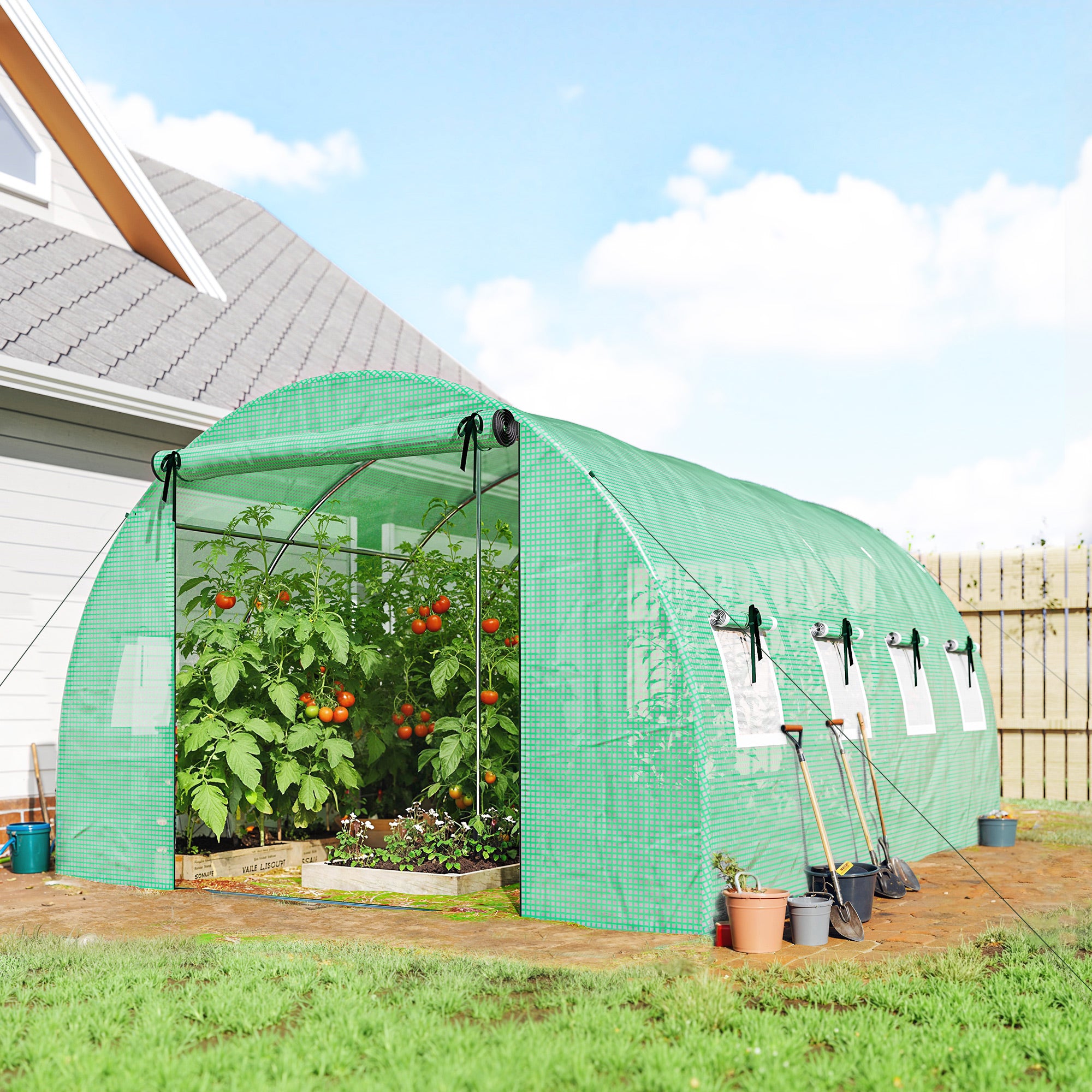Tunnel Garden Greenhouse, approx. 129 sq ft (12 m²) — 295 × 400 × 200 cm (approx. 9 ft 8 in × 13 ft 1 in × 6 ft 7 in), Galvanized Steel Frame, 2 Roll-Up Doors & 8 Mesh Windows, High-Density 140 gsm PE Cover — Green
