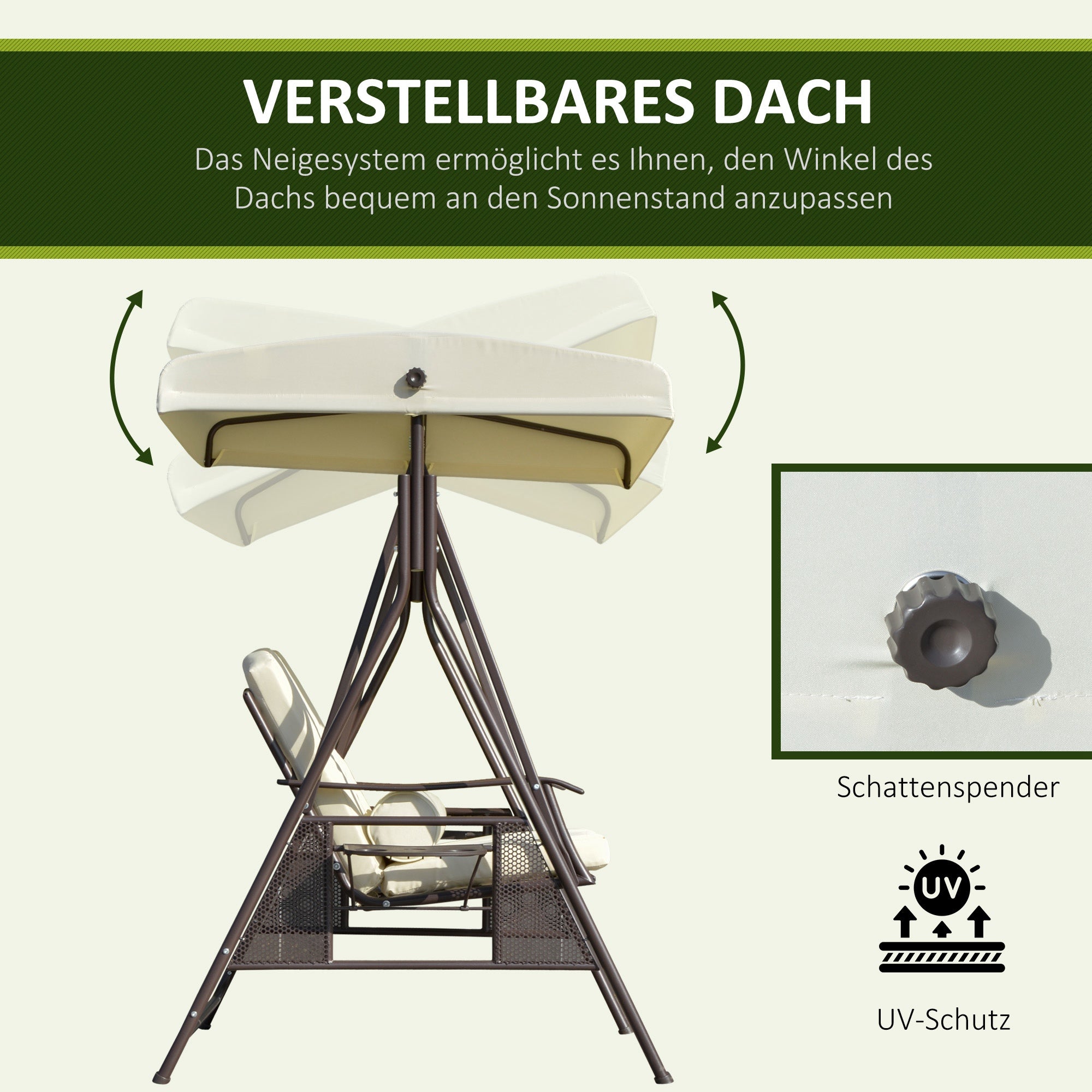 2-Seater Hollywood Swing Garden Swing with Sun Canopy Cushion Tray Metal Polyester Beige 162 x 118 x 173 cm