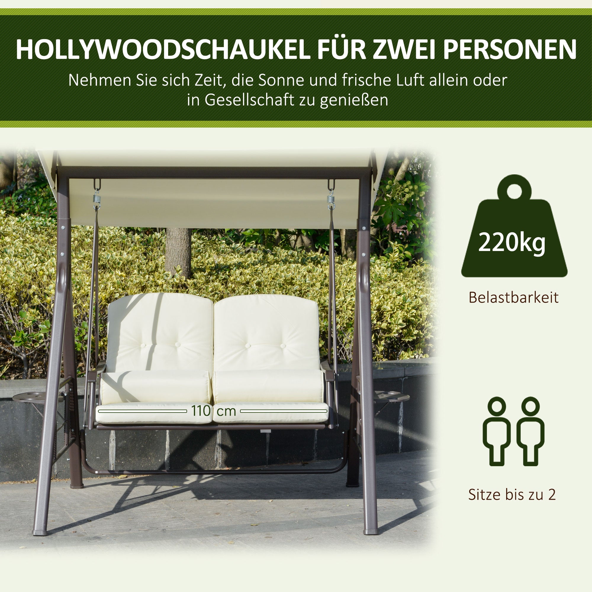 2-Seater Hollywood Swing Garden Swing with Sun Canopy Cushion Tray Metal Polyester Beige 162 x 118 x 173 cm