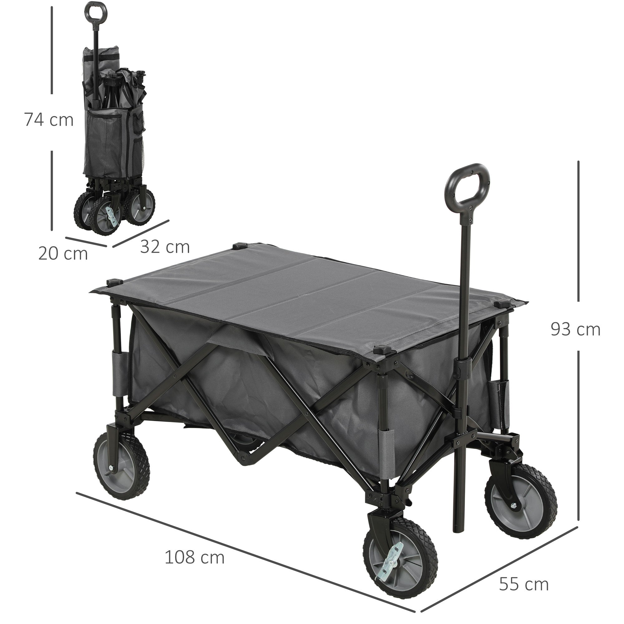Folding Wagon, Handcart with Wheels, Brakes, Carrying Bag, 125L Transport Wagon up to 120kg Load Capacity, XXL Utility Cart, Garden Cart for Beach Camping Shopping, Dark Gray