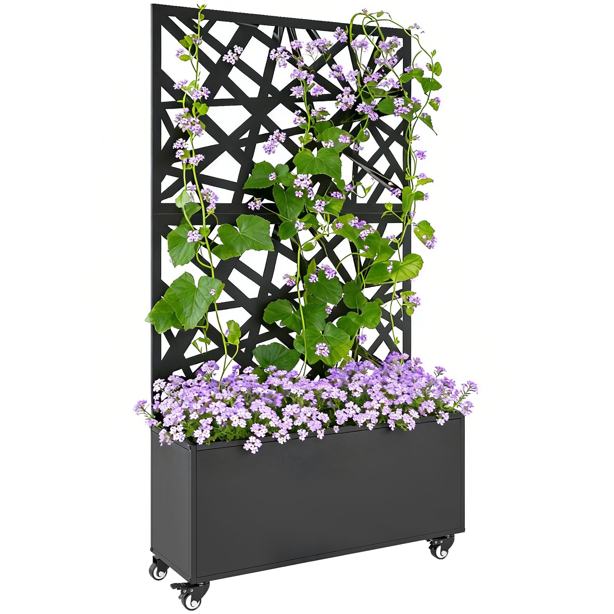 Elevated Outdoor Metal Planter with Trellis & Wheels — Drainage Holes, for Flowers & Vegetables, Garden & Balcony, 35.4×11.8×63 in, Black
