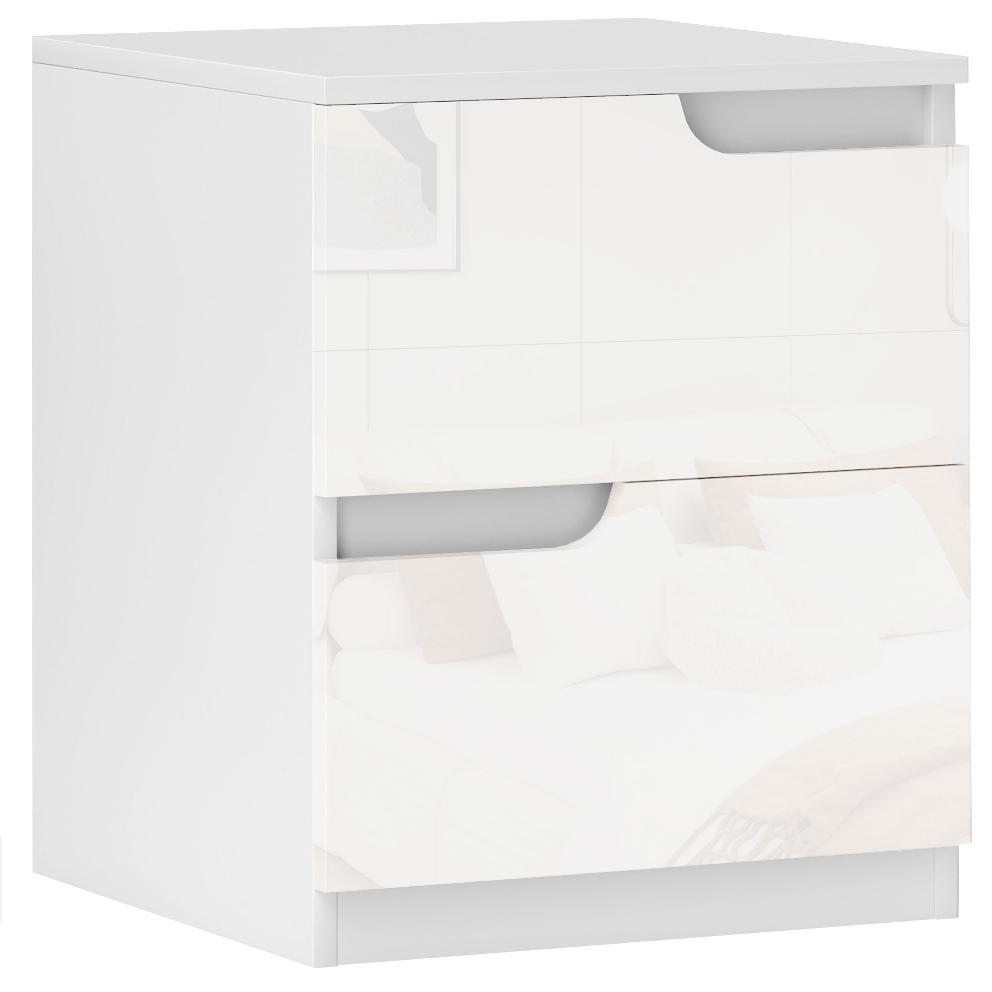 Modern Bedside Table Nightstand with High Gloss White Front Drawers and Cushioned Top Side Table for Bedroom Living Room 40x40x48 cm White