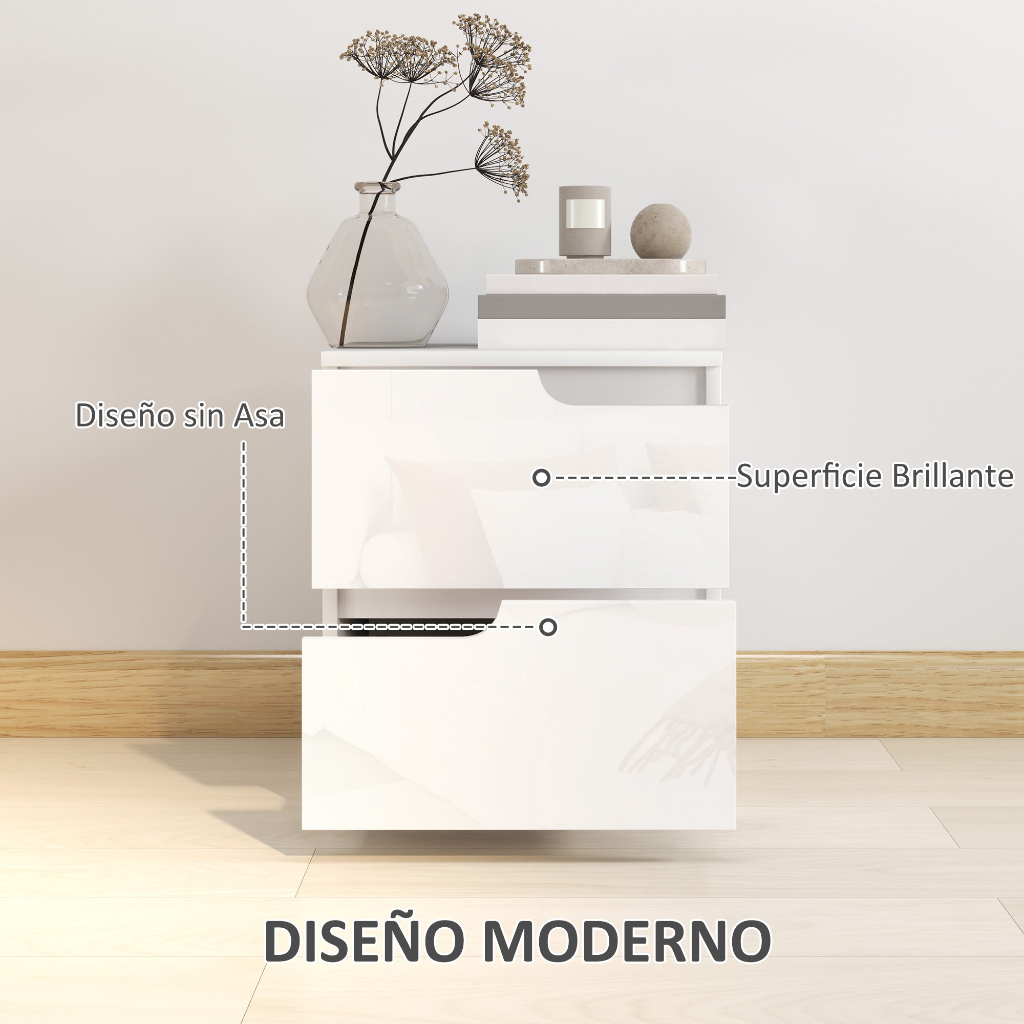 Modern Bedside Table Nightstand with High Gloss White Front Drawers and Cushioned Top Side Table for Bedroom Living Room 40x40x48 cm White