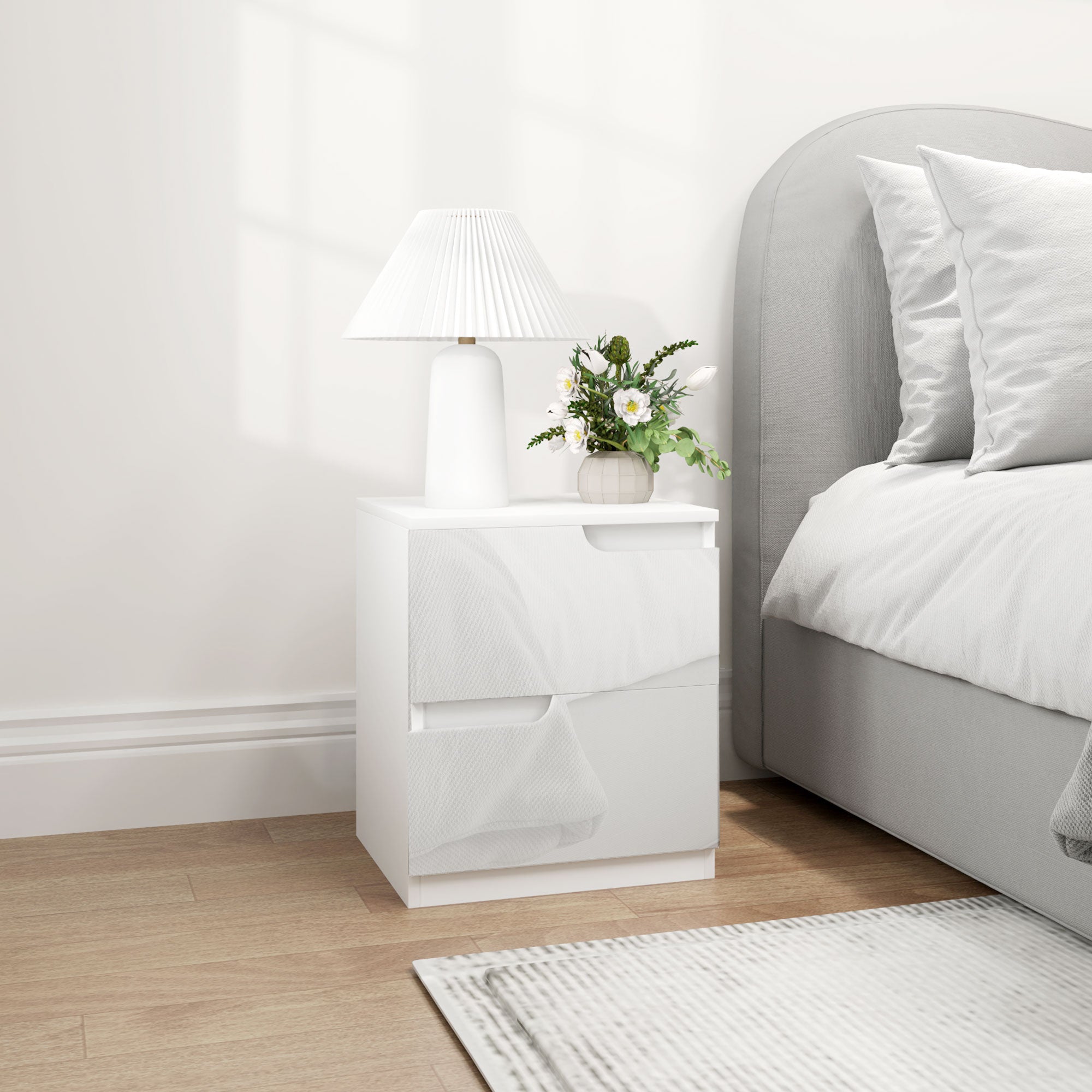 Modern Bedside Table Nightstand with High Gloss White Front Drawers and Cushioned Top Side Table for Bedroom Living Room 40x40x48 cm White