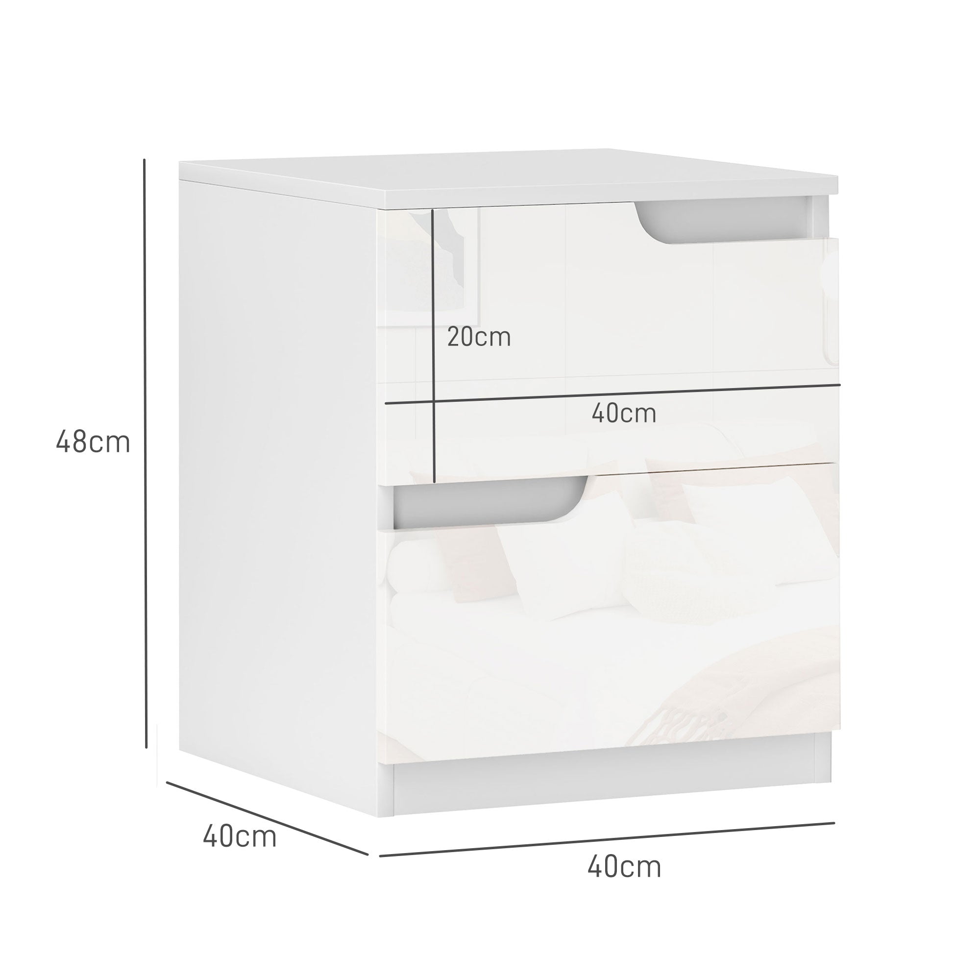 Modern Bedside Table Nightstand with High Gloss White Front Drawers and Cushioned Top Side Table for Bedroom Living Room 40x40x48 cm White
