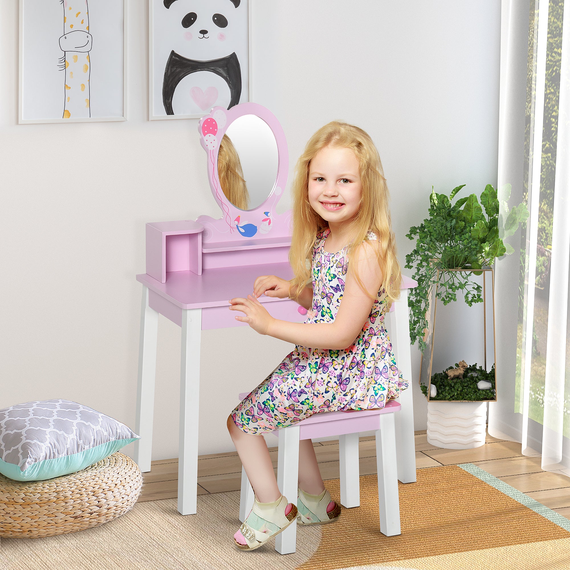 Children's Vanity with Stool and Princess Mirror Wooden Makeup Table for Girls 60x34x93 cm