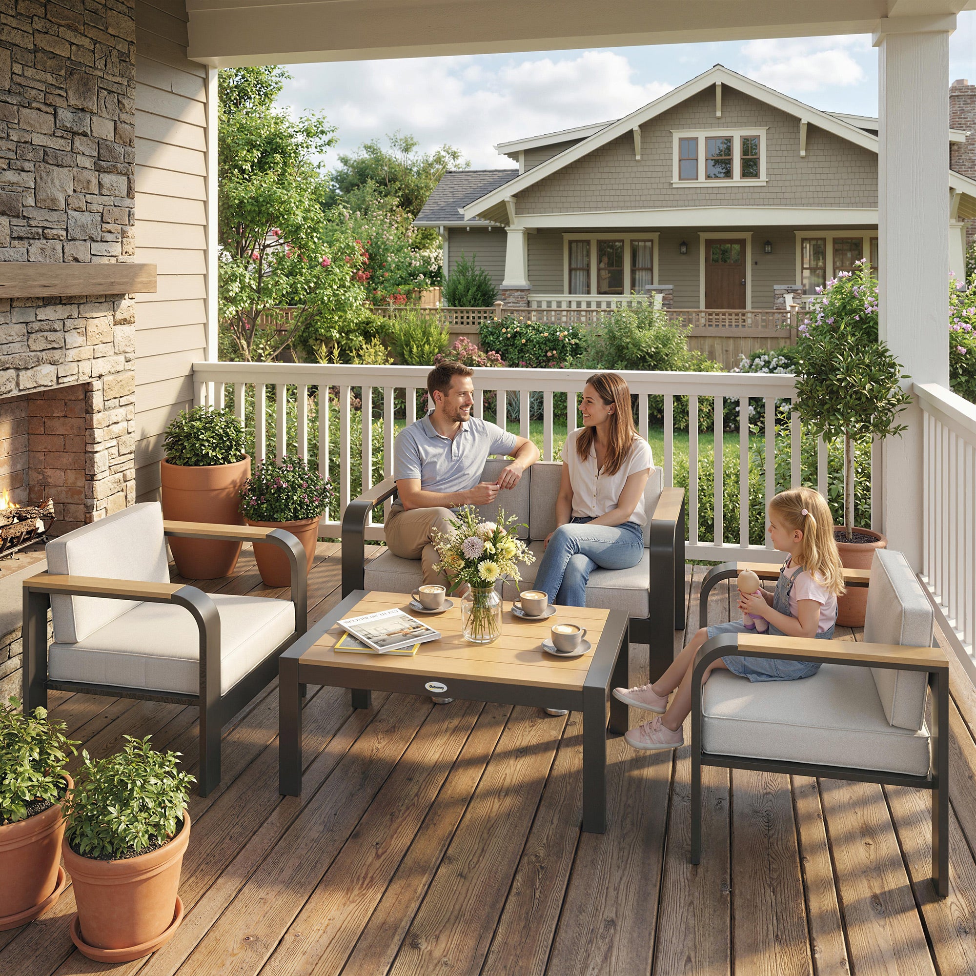 4-Piece Aluminum Garden Lounge Set for 4 — Water-Resistant, Extra-Deep Seating with 2-Seat Sofa, 2 Chairs & Coffee Table, Beige