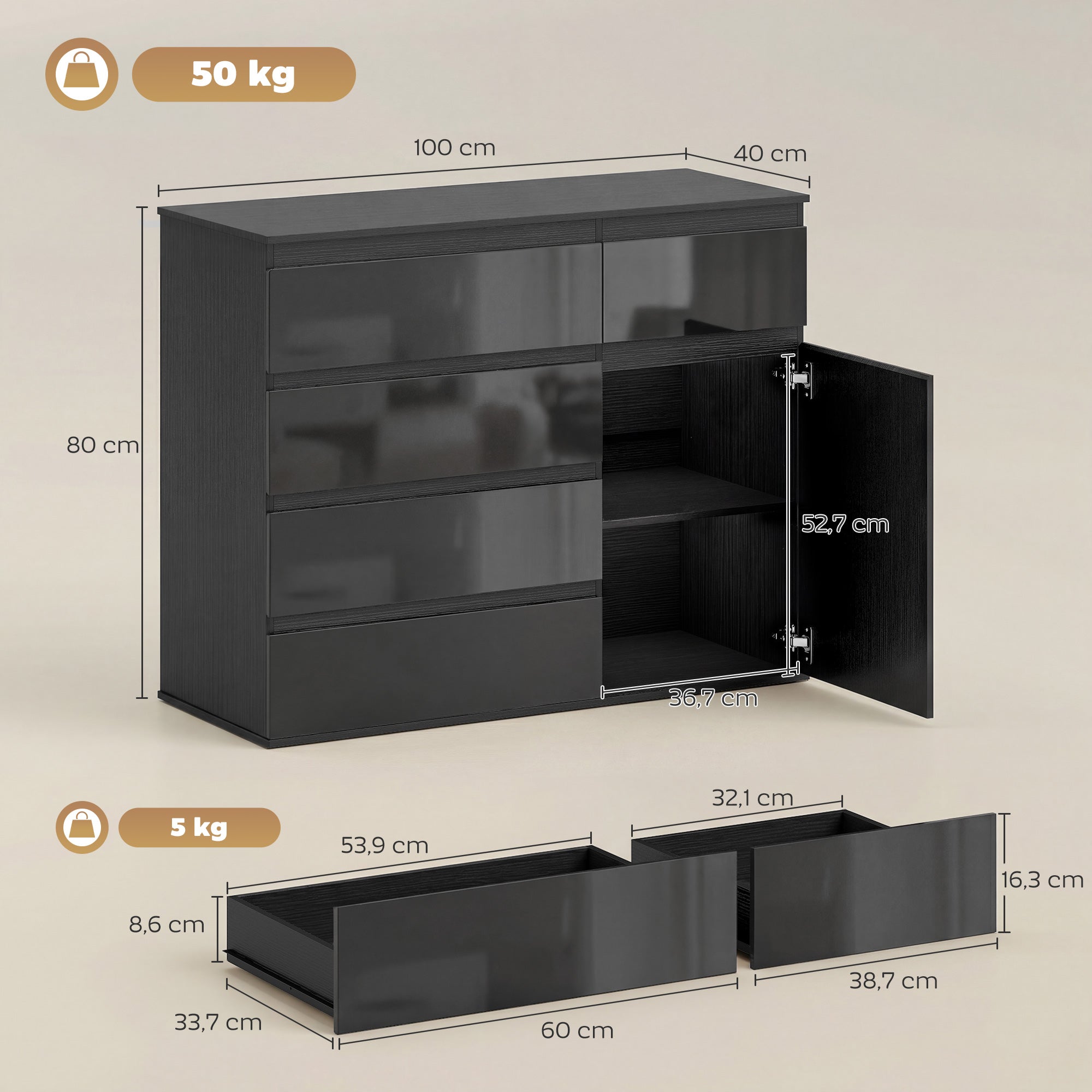 Sideboard — 5-Drawer Dresser with Adjustable Shelf & Soft-Close Door, Kitchen Cabinet for Living Room/Kitchen/Dining, High-Gloss Black, 39.4 x 15.7 x 31.5 in (100 x 40 x 80 cm)