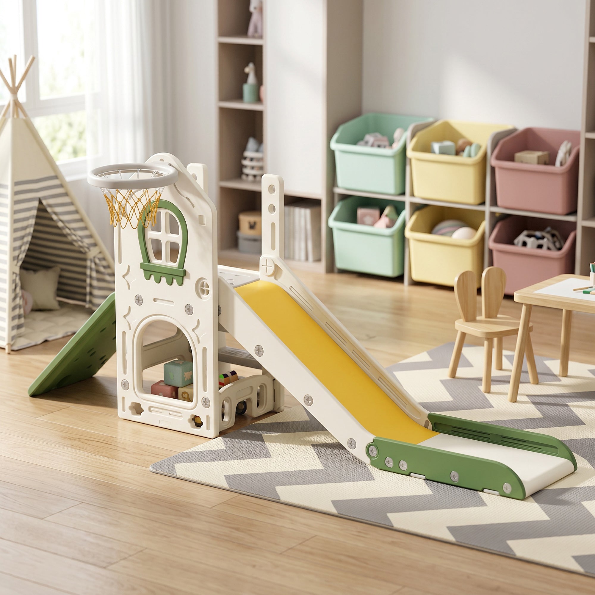 Foldable 4-in-1 Toddler Slide — Slide with Climber, Basketball Hoop & Ball, Storage Basket; Easy to Assemble & Clean, Indoor, Ages 1–3, Cream
