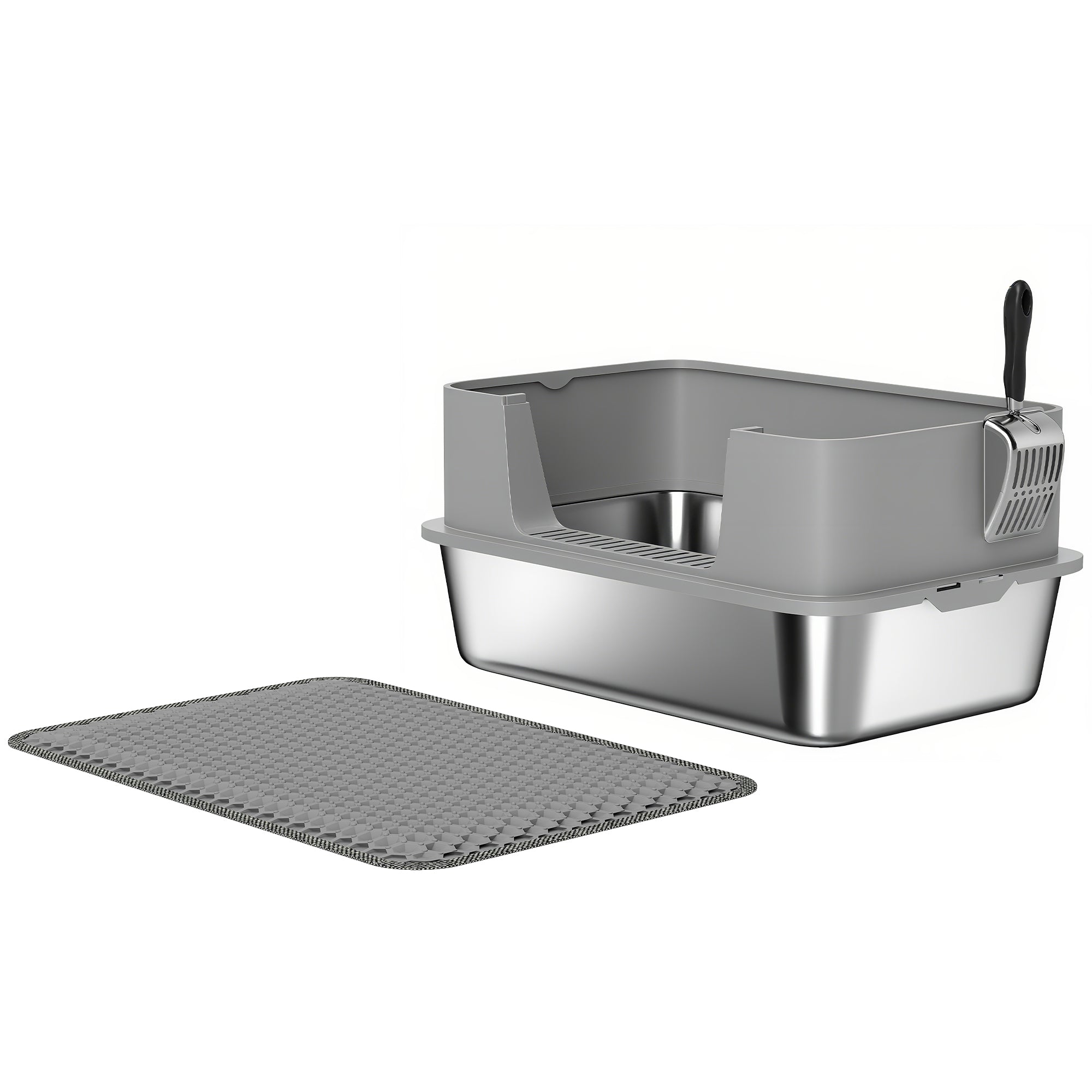 Stainless Steel Open Cat Litter Box with Scoop, High Sides & Mat, XXL for Cats up to 15.4 lb (23.7 x 15.8 x 11.6 in), Gray