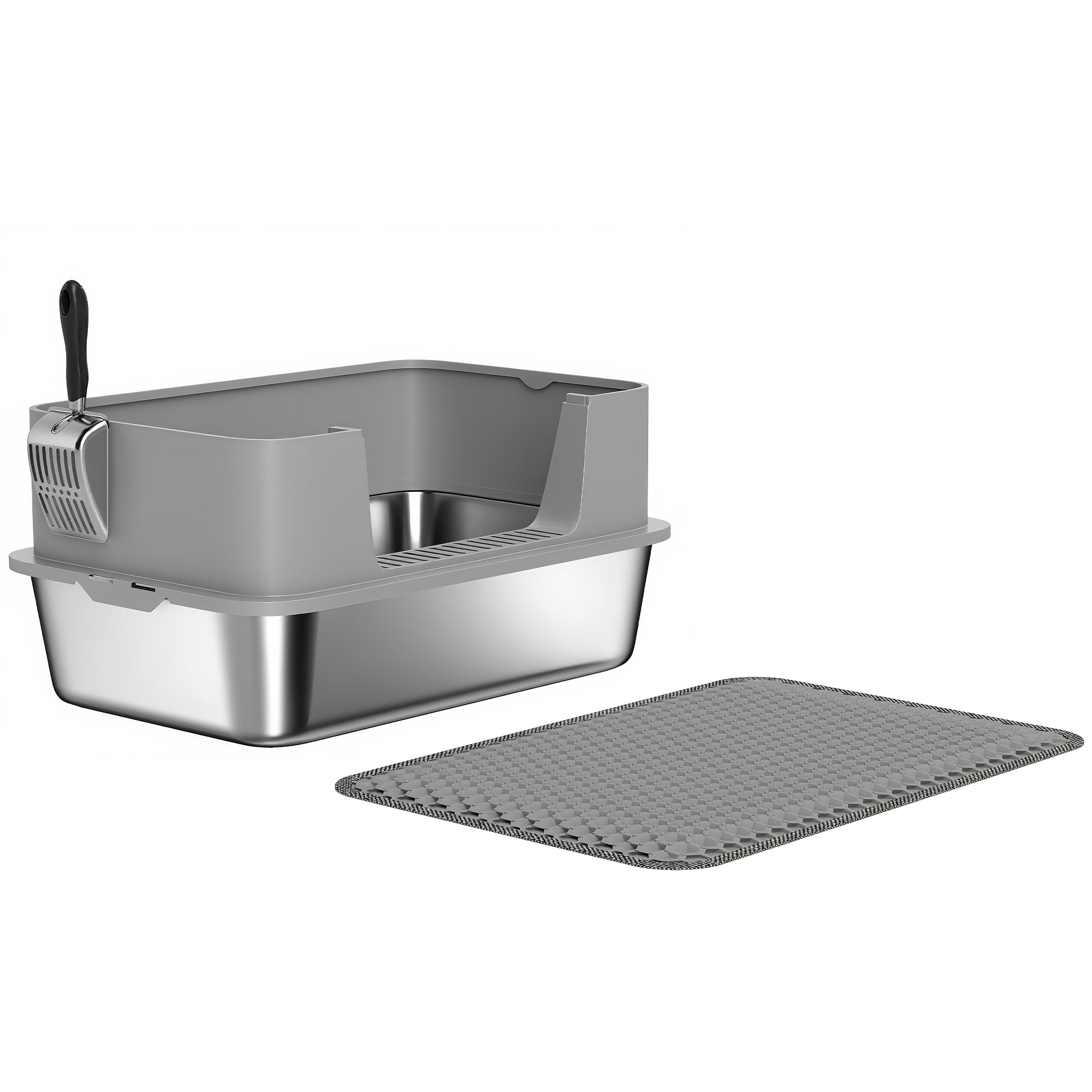 Stainless Steel Open Cat Litter Box with Scoop, High Sides & Mat, XXL for Cats up to 15.4 lb (23.7 x 15.8 x 11.6 in), Gray