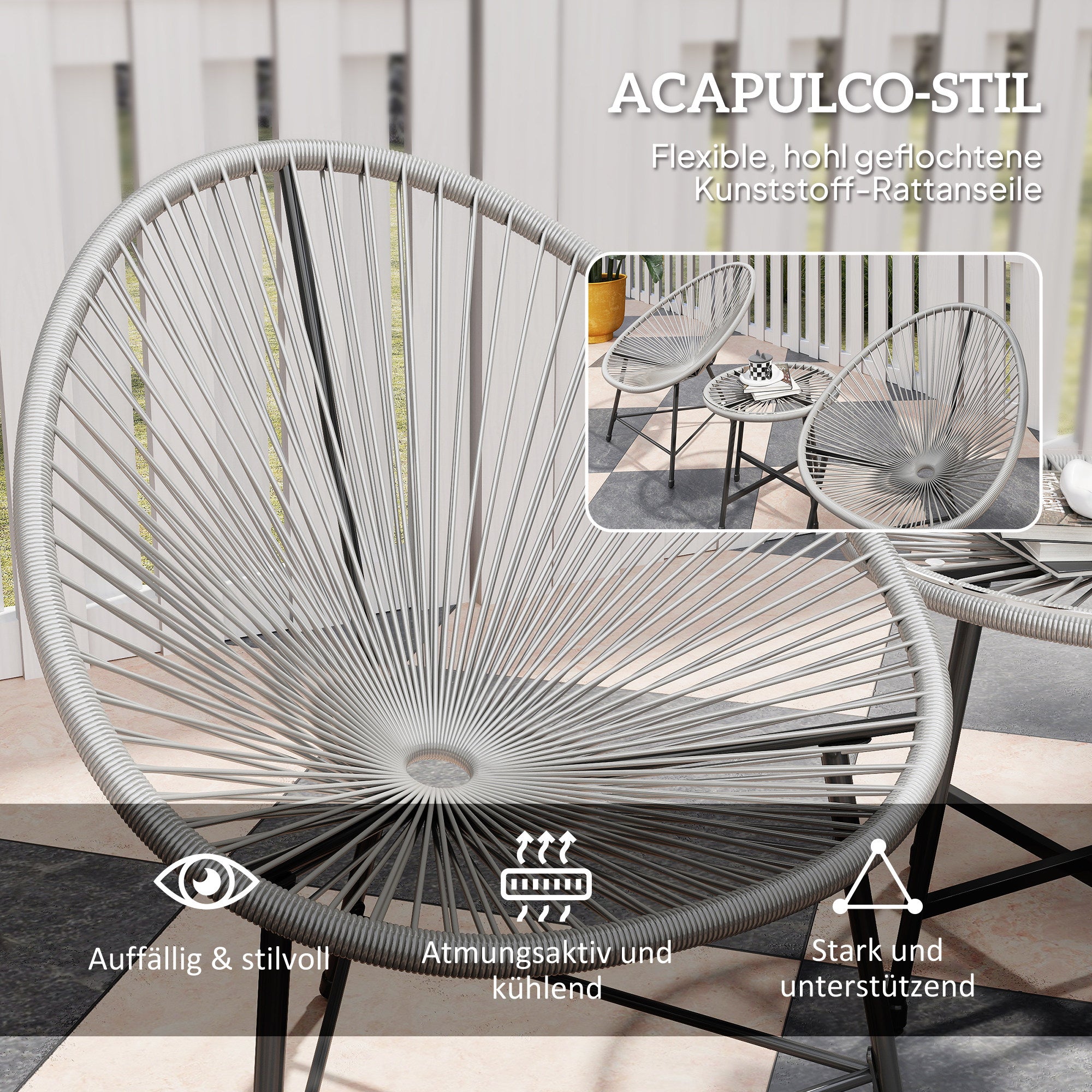 Polyrattan Patio Furniture Set, 3-Piece Outdoor Lounge for 2 — 2 Acapulco-Style Chairs & Glass Coffee Table, Weather-Resistant, Gray