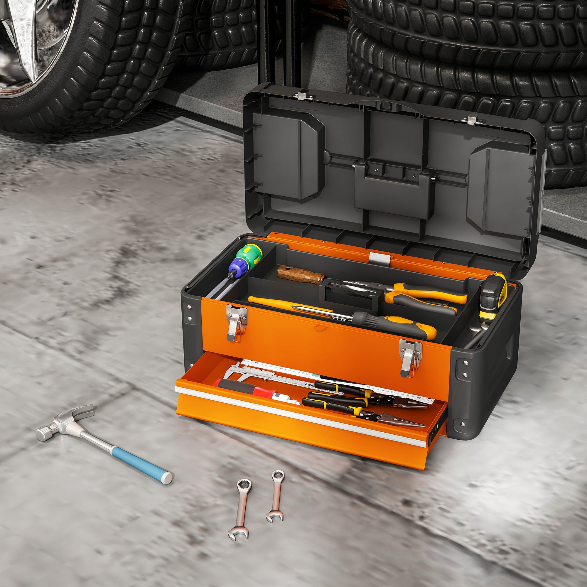 Empty Tool Box, 49.7 x 25.3 x 23 cm Steel Tool Chest with Drawer, Mini Box, Upper Compartment, Handle, Orange