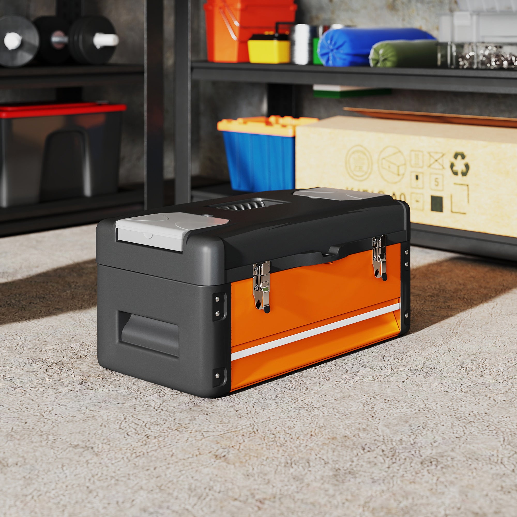 Empty Tool Box, 49.7 x 25.3 x 23 cm Steel Tool Chest with Drawer, Mini Box, Upper Compartment, Handle, Orange