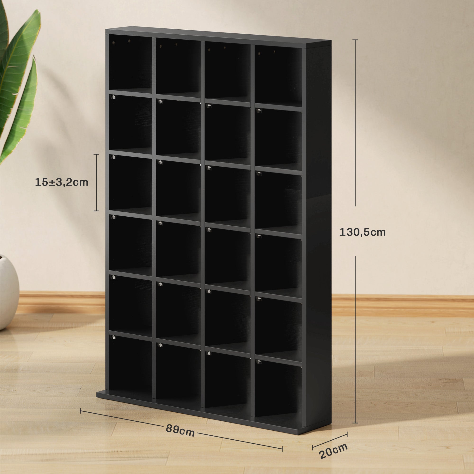 CD and DVD Storage, Multimedia Storage Cabinet with 24 Compartments, max. Capacity 480 CD/ 312 DVD, Wooden Bookshelf with Adjustable Shelves, 89 x 20 x 130.5 cm, Black