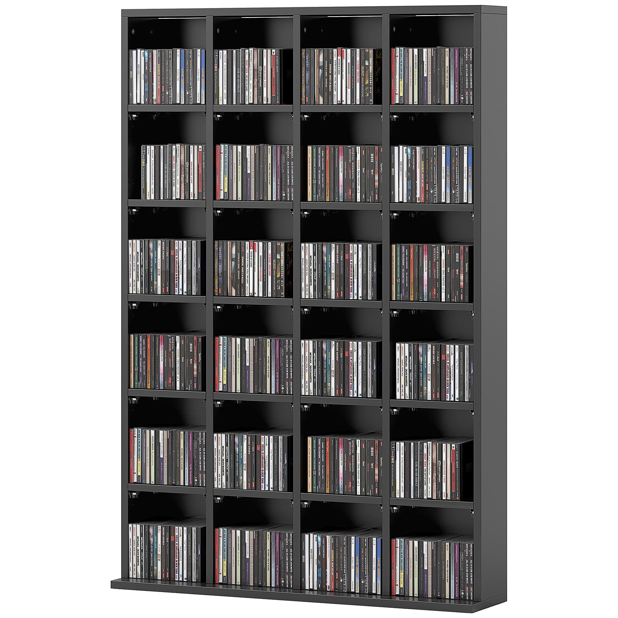 CD and DVD Storage, Multimedia Storage Cabinet with 24 Compartments, max. Capacity 480 CD/ 312 DVD, Wooden Bookshelf with Adjustable Shelves, 89 x 20 x 130.5 cm, Black