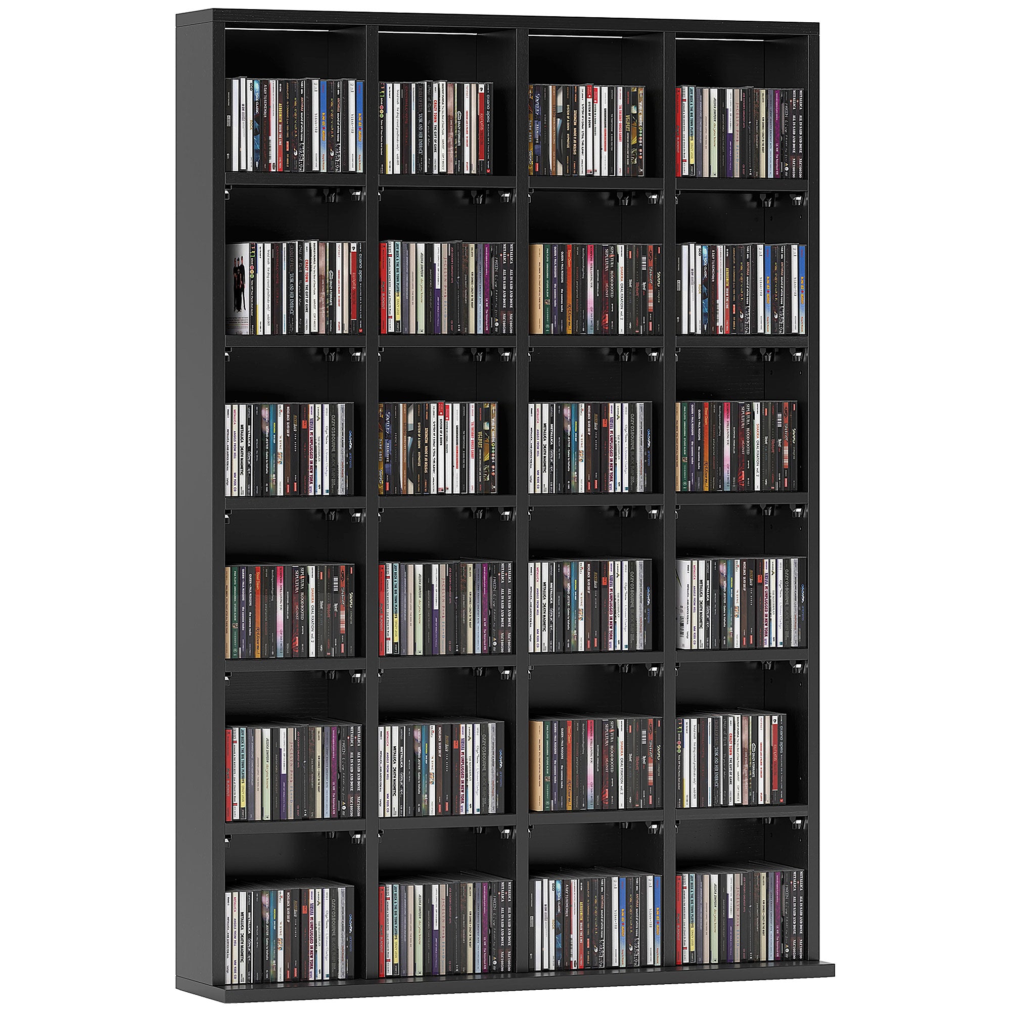 CD and DVD Storage, Multimedia Storage Cabinet with 24 Compartments, max. Capacity 480 CD/ 312 DVD, Wooden Bookshelf with Adjustable Shelves, 89 x 20 x 130.5 cm, Black